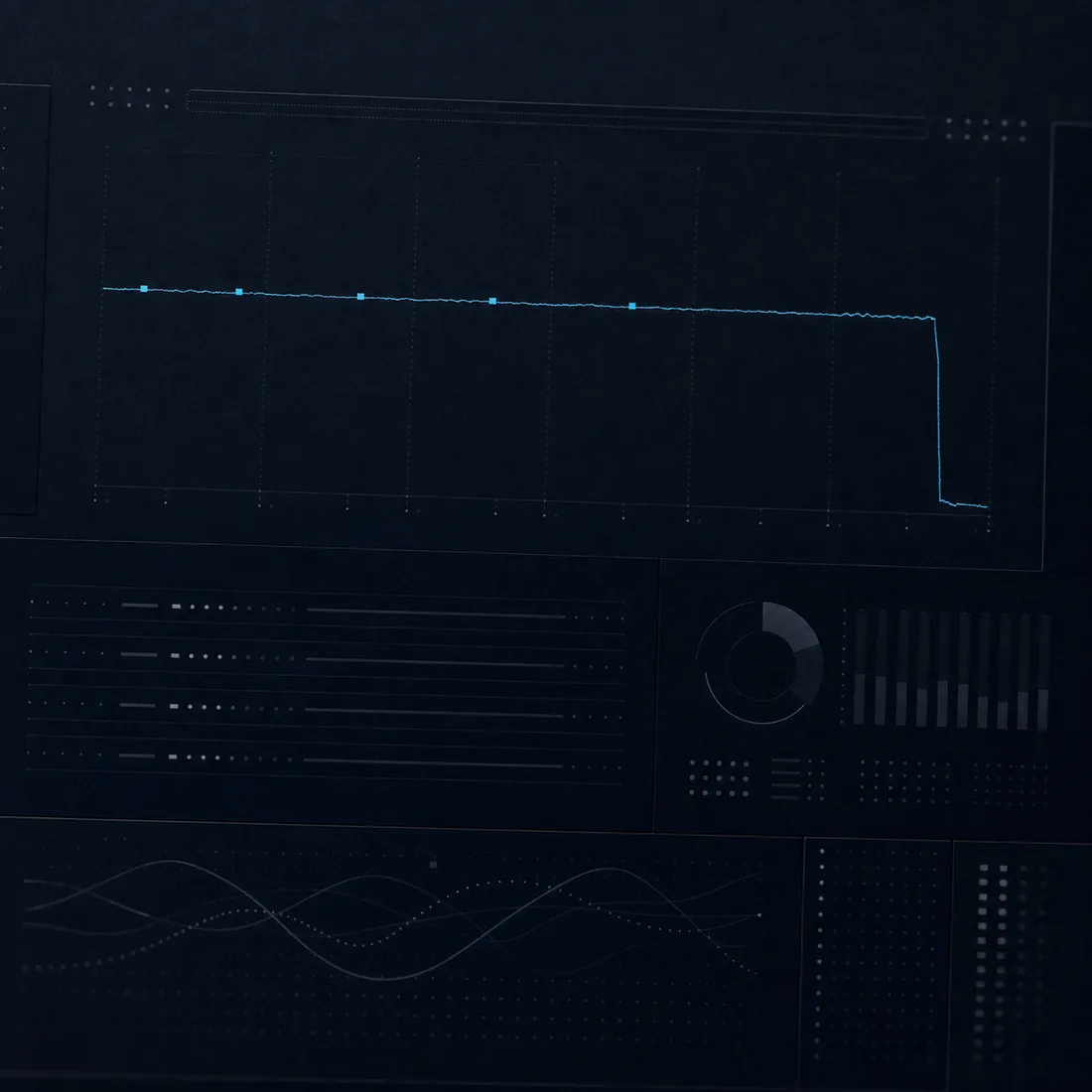 Abstract dark chart: a flat line dropping away, with faint cyan markers appearing long before the fall