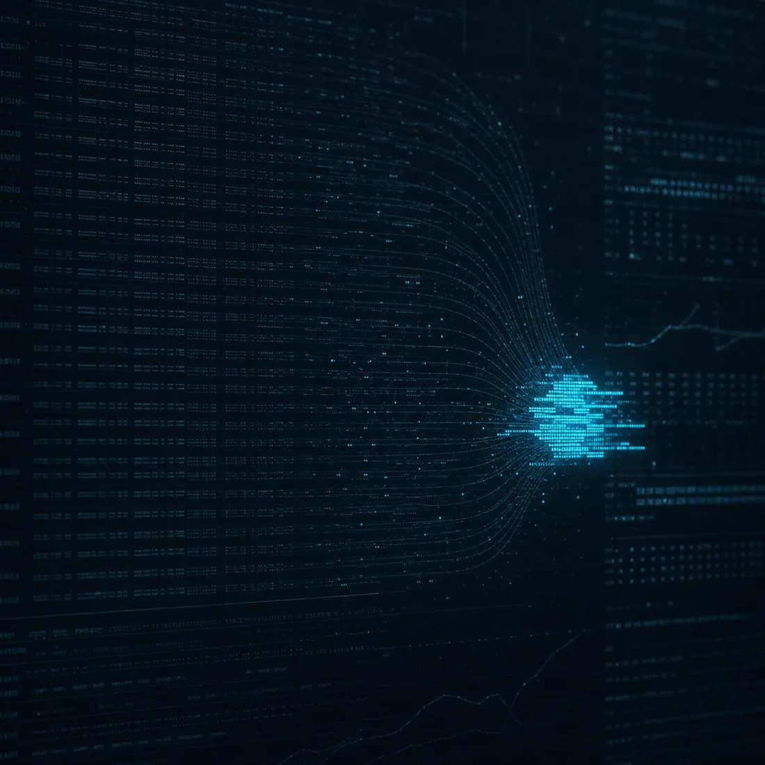 Abstract dark data visualisation: hundreds of faint ticket rows resolving into a single bright cyan cluster