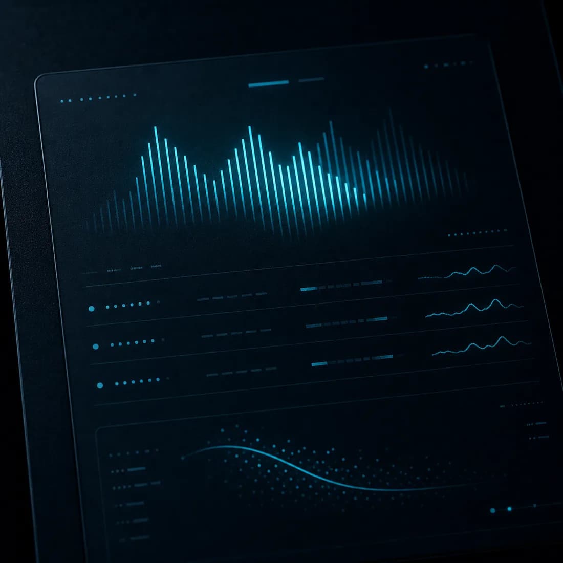 Abstract dark panel: one large glowing cyan figure above faint rows of unreadable ticket data
