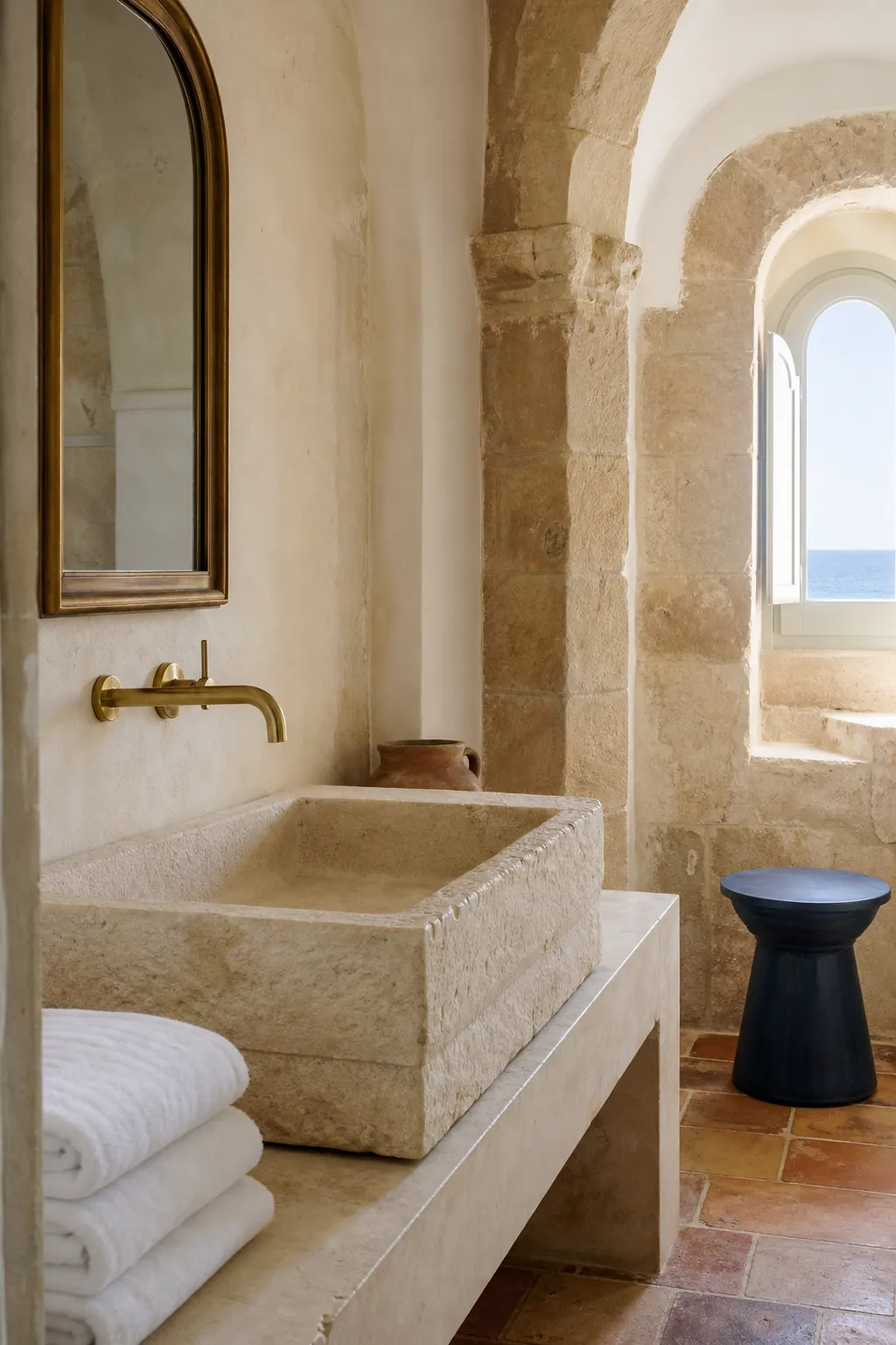 A carved stone basin and a brass tap, with the Ionian visible through a small arched window
