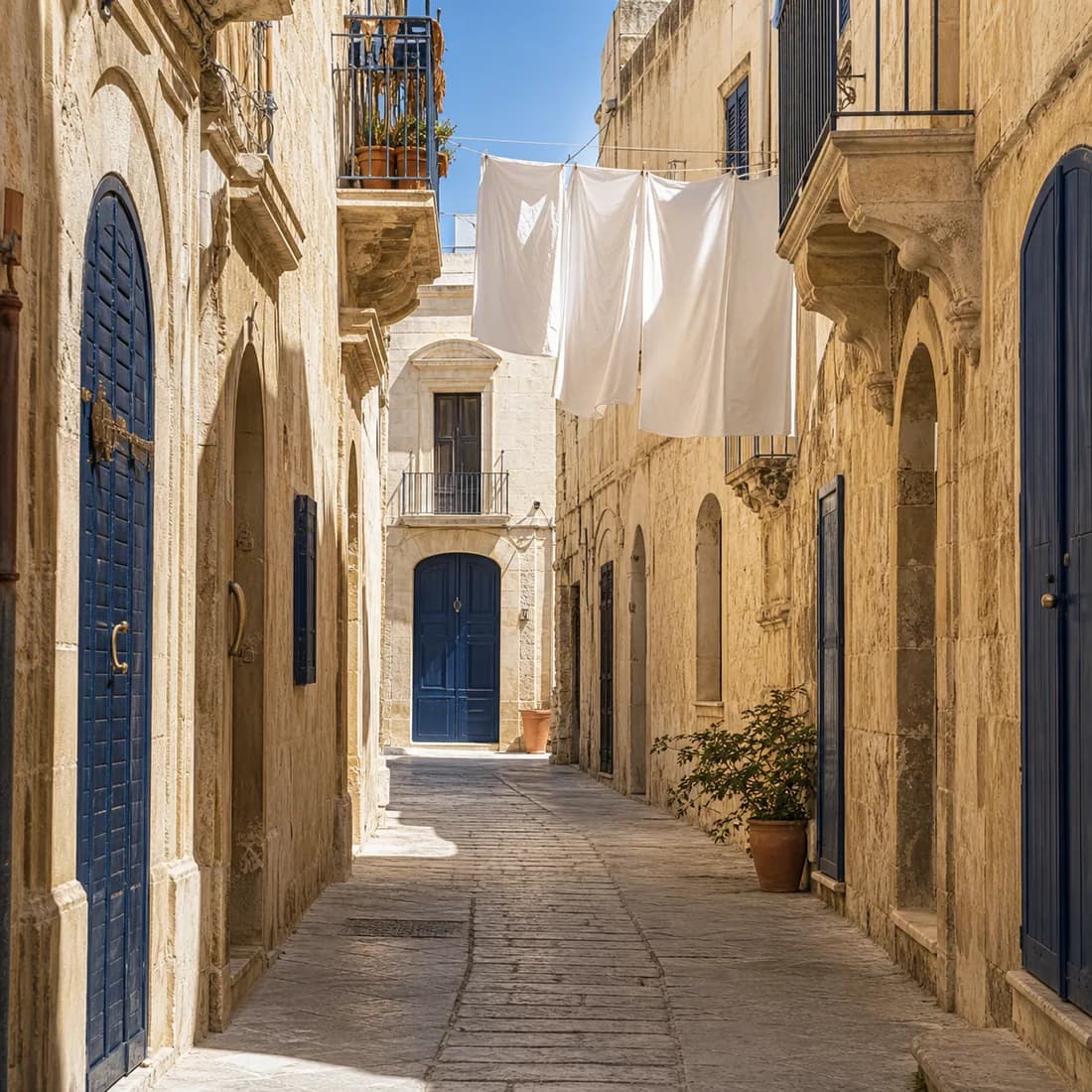 A narrow Ortigia street of honey limestone at siesta, deep in shadow, no cars and no people, laundry strung overhead