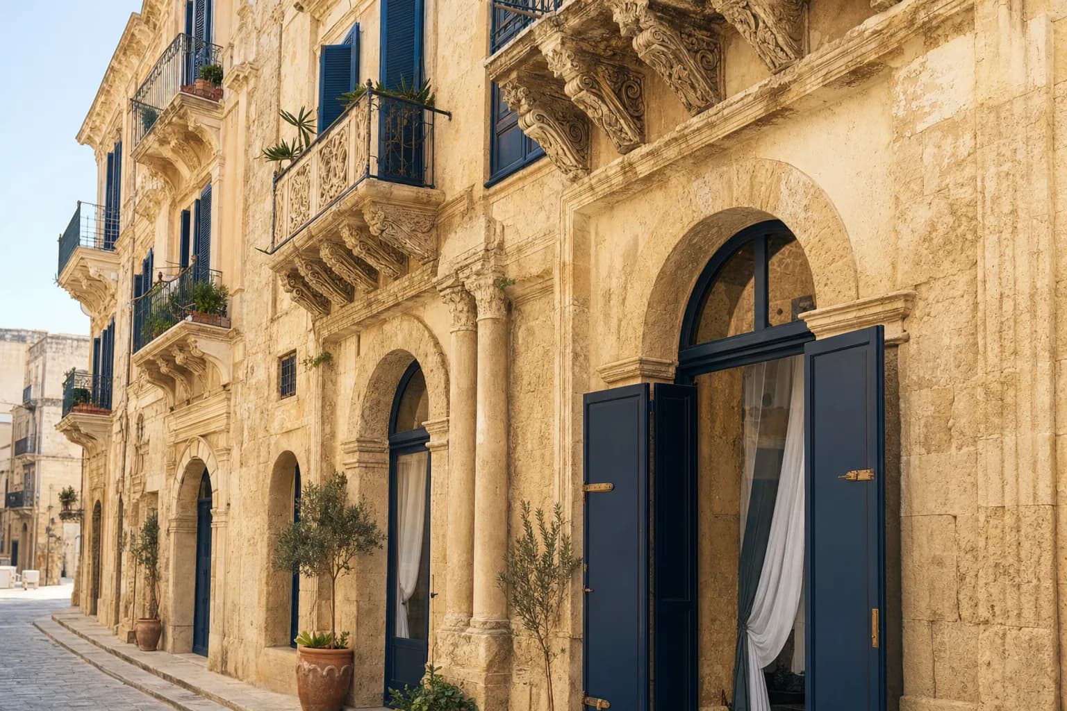 The palazzo's baroque facade on Via Marzano at midday, hard sun on the honey limestone, blue shutters closed