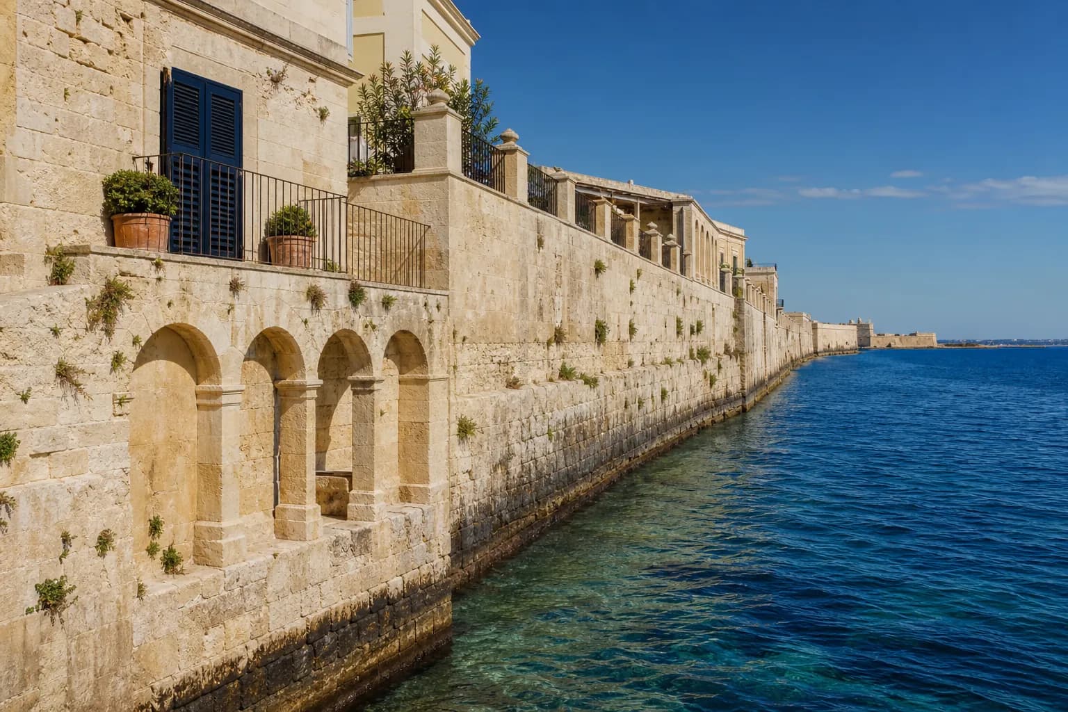The sea wall of Ortigia, arches cut into the limestone above the water, the Ionian deep blue below