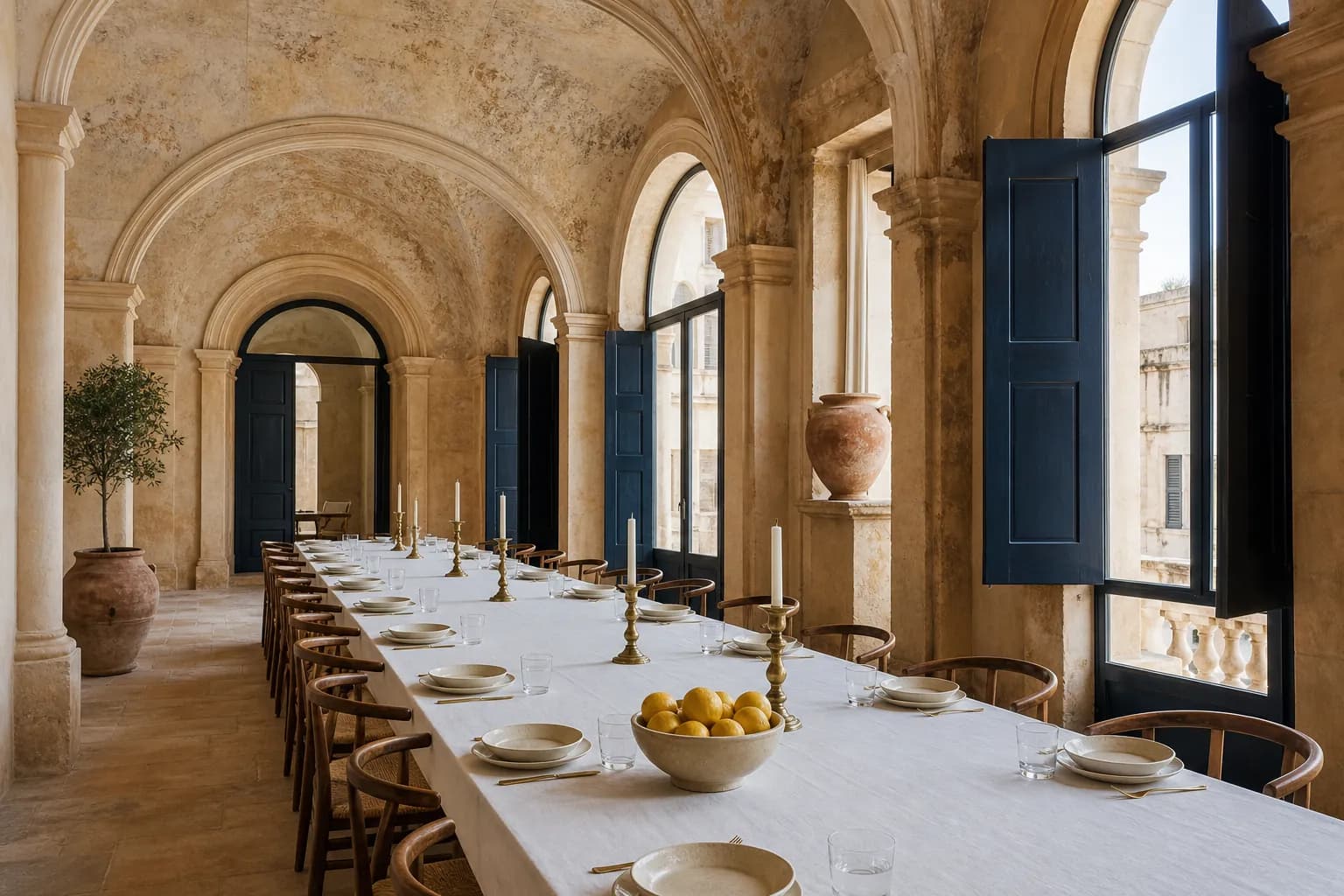 The dining room under its barrel vault at night, one long table laid, warm lamplight on lime plaster