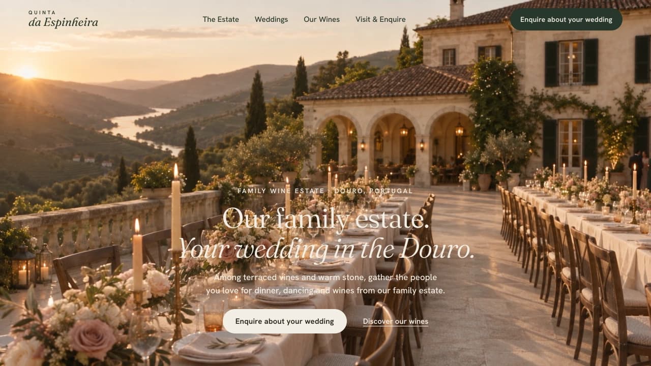 Quinta da Espinheira website: a full-screen film of an ivory manor among terraced vineyards, with the headline Our family estate. Your wedding in the Douro. set low over it in ivory