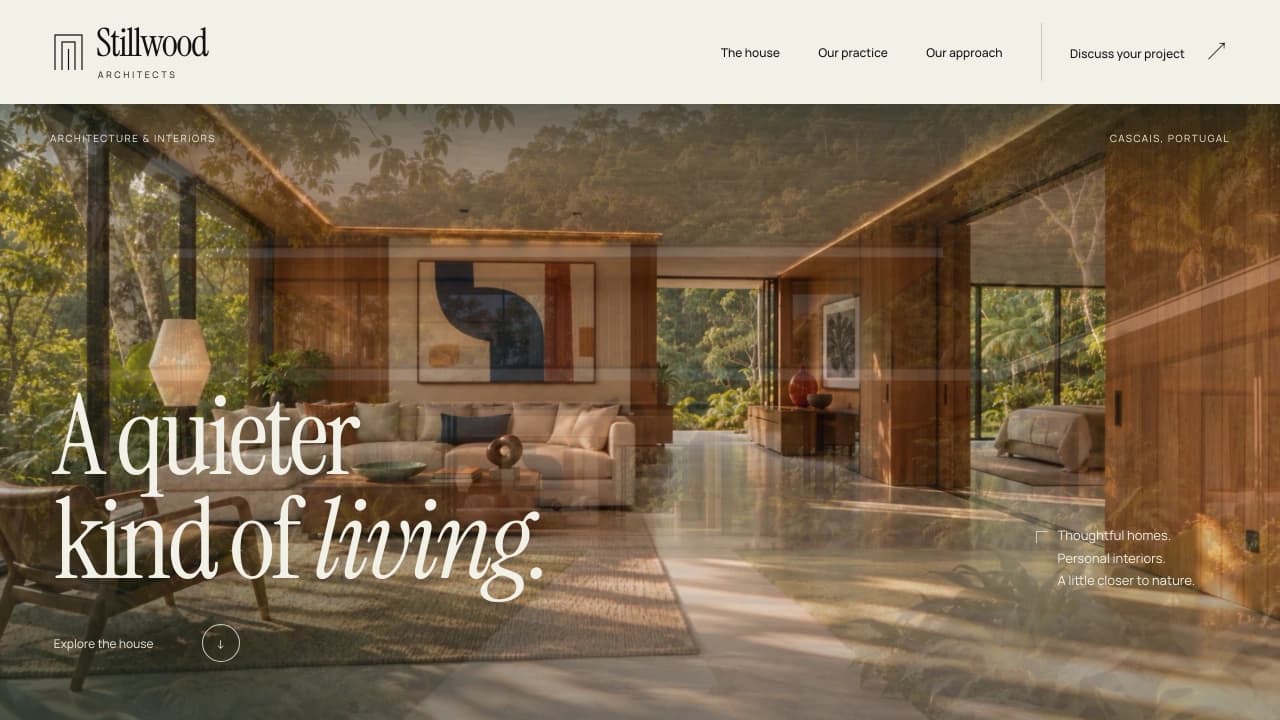 Stillwood Architects website: an entrance film framed in warm ivory with the headline A quieter kind of living