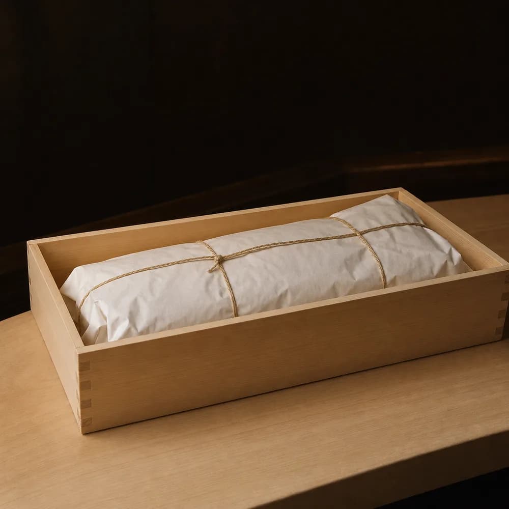 A loin of tuna wrapped in white paper and tied with twine, resting in a wooden box on the counter