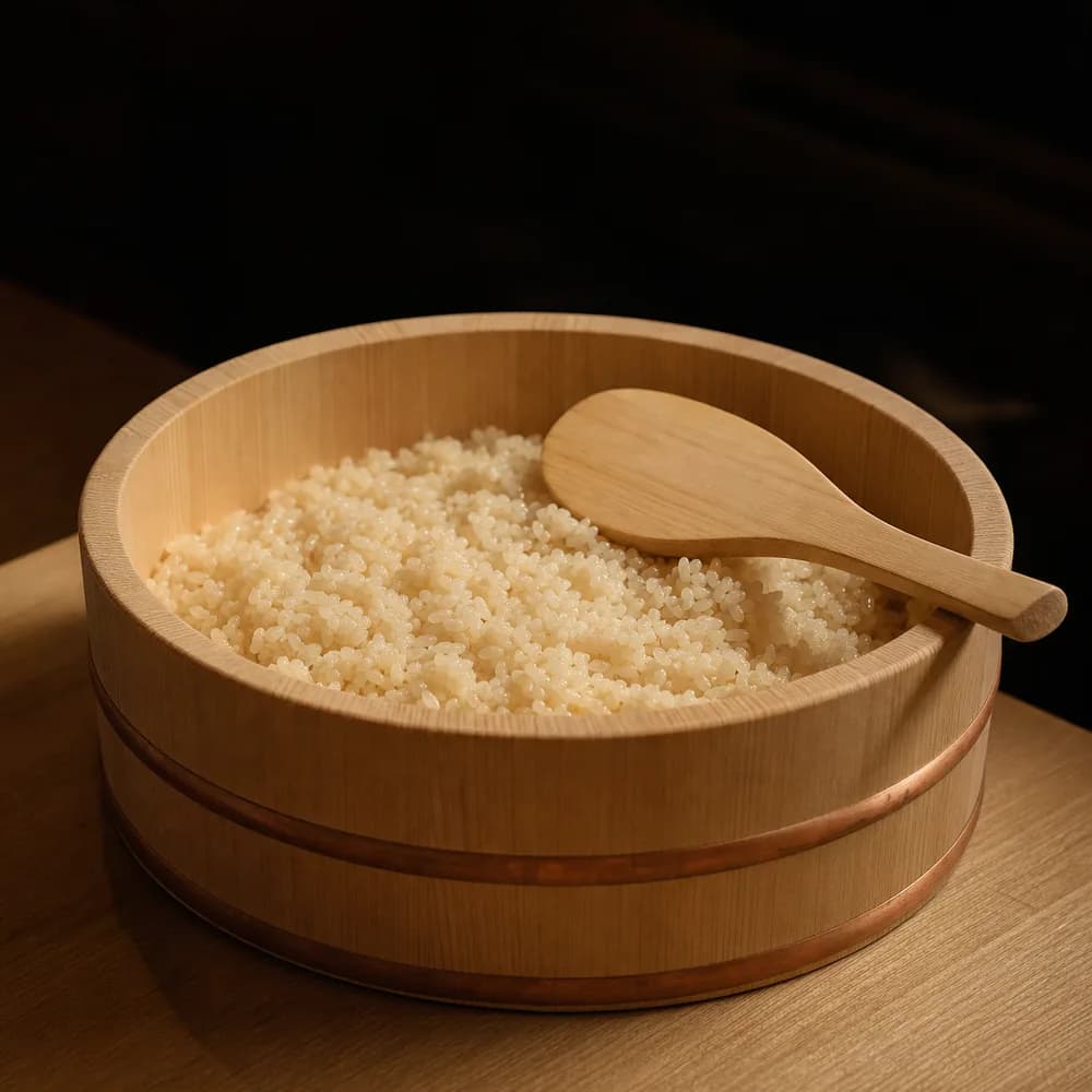 A wooden hangiri tub of freshly seasoned sushi rice, a flat paddle resting across its rim, in warm light