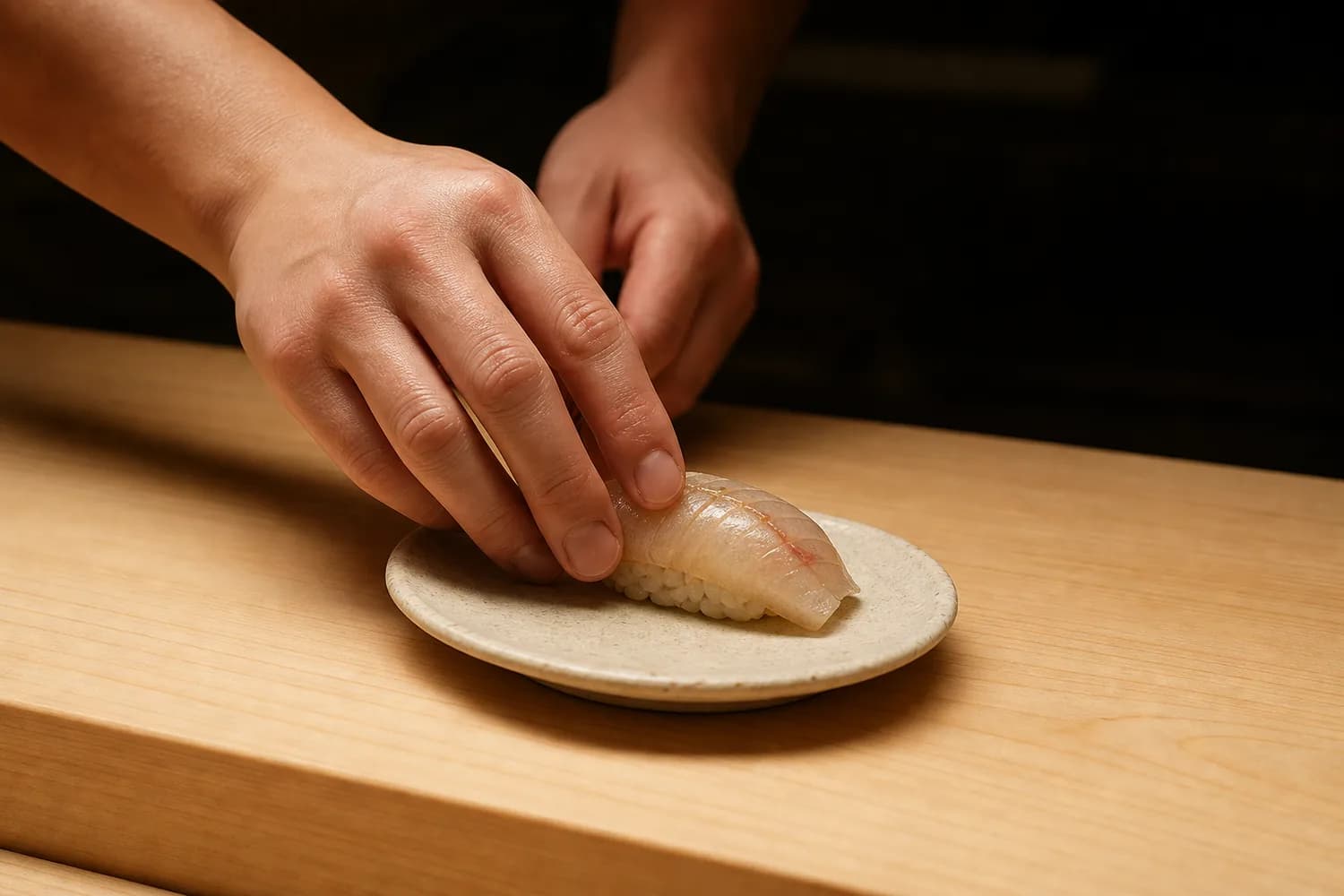 A chef's hands setting a finished nigiri onto a small ceramic dish on the hinoki counter