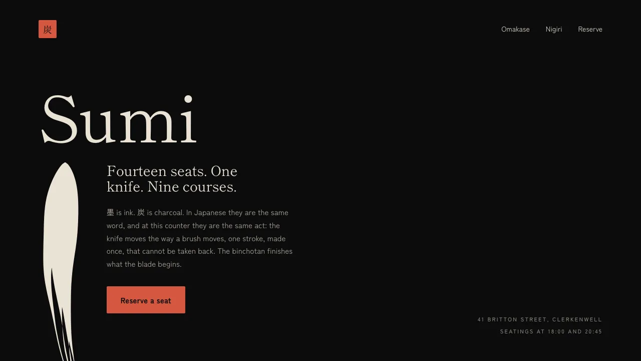 Website design — an ink-black homepage, the name Sumi in a mincho serif with a calligraphic brushstroke drawn down the sheet