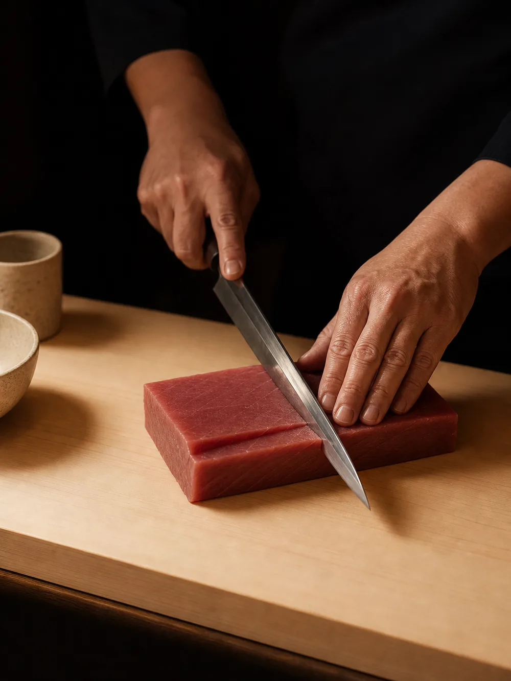 A yanagiba blade drawn through a block of lean tuna on a pale hinoki board
