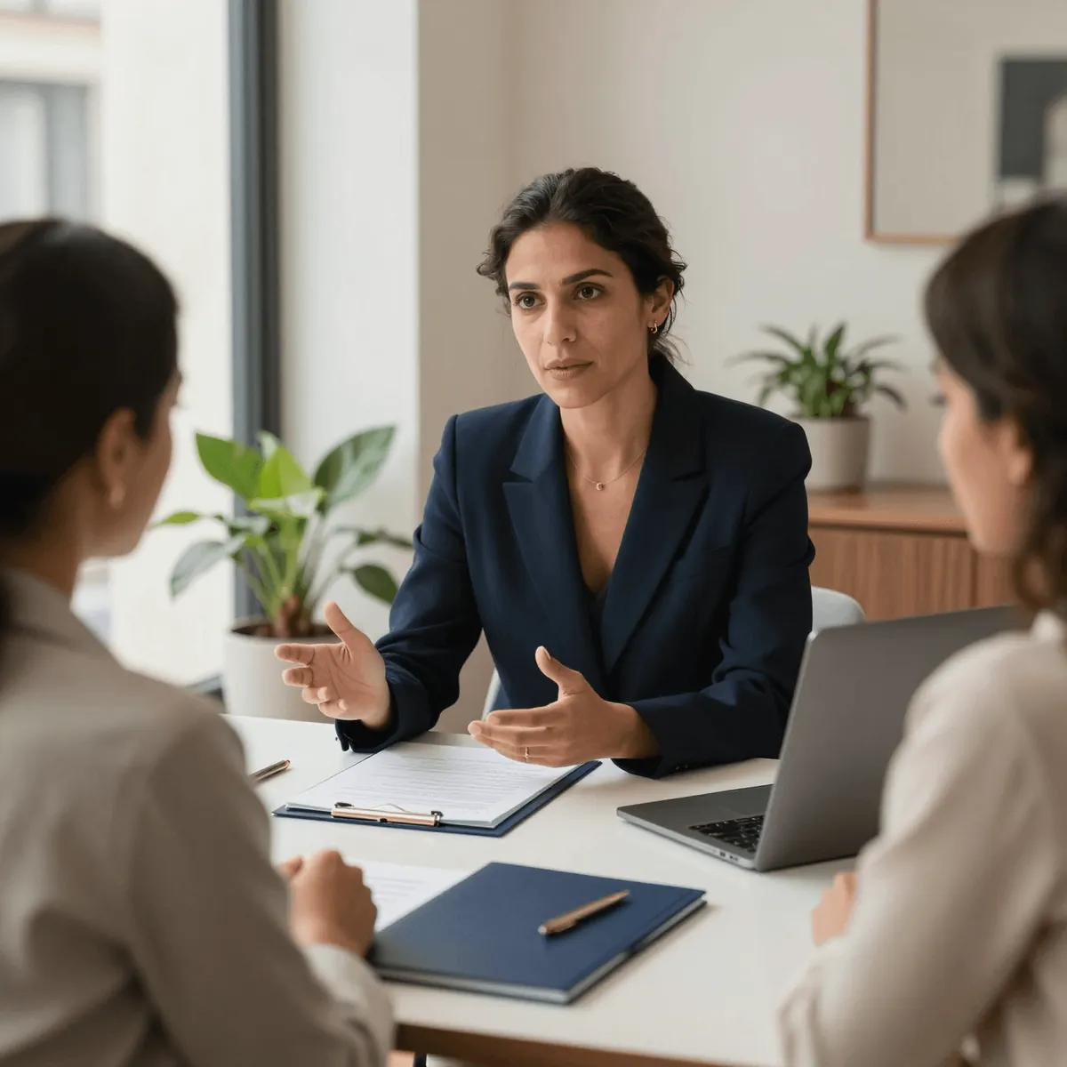 A Tagus and Co. lawyer talking two clients through a matter across a table in the firm's Lisbon office.