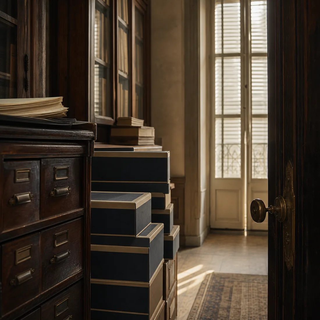 Stacked document boxes in the corridor of a Lisbon chambers, a tall shuttered window throwing warm dusty light