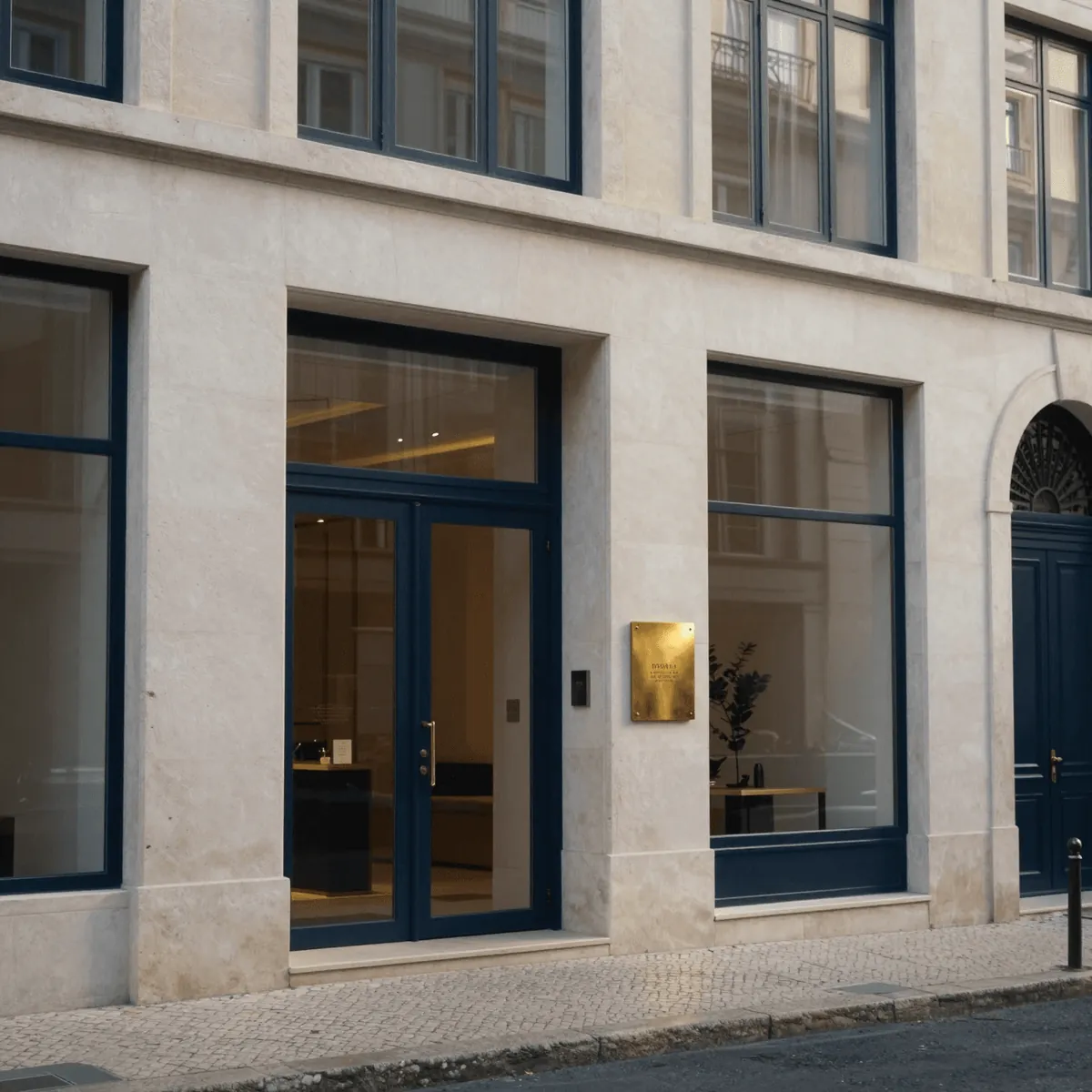 The street entrance to Tagus and Co.'s chambers in Lisbon: a pale stone facade with deep navy window frames.