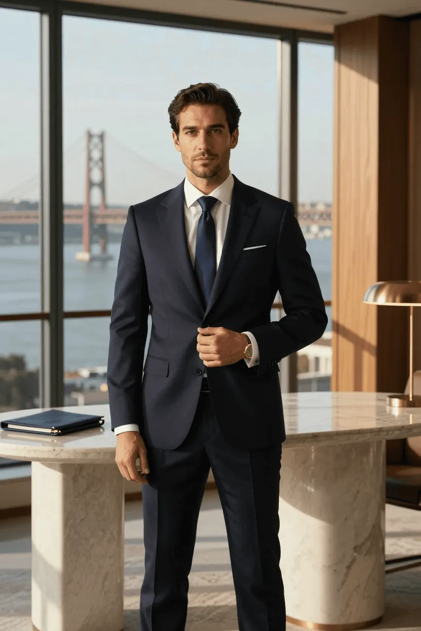 A partner at Tagus and Co. standing in the firm's Lisbon office, the Tagus river and the 25 de Abril bridge through the window behind him.