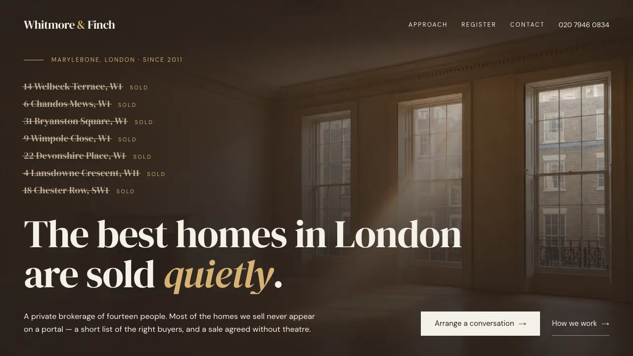 Website design — an estate agency homepage where seven struck-through addresses stamped Sold sit over a photograph of an empty Georgian drawing room at first light