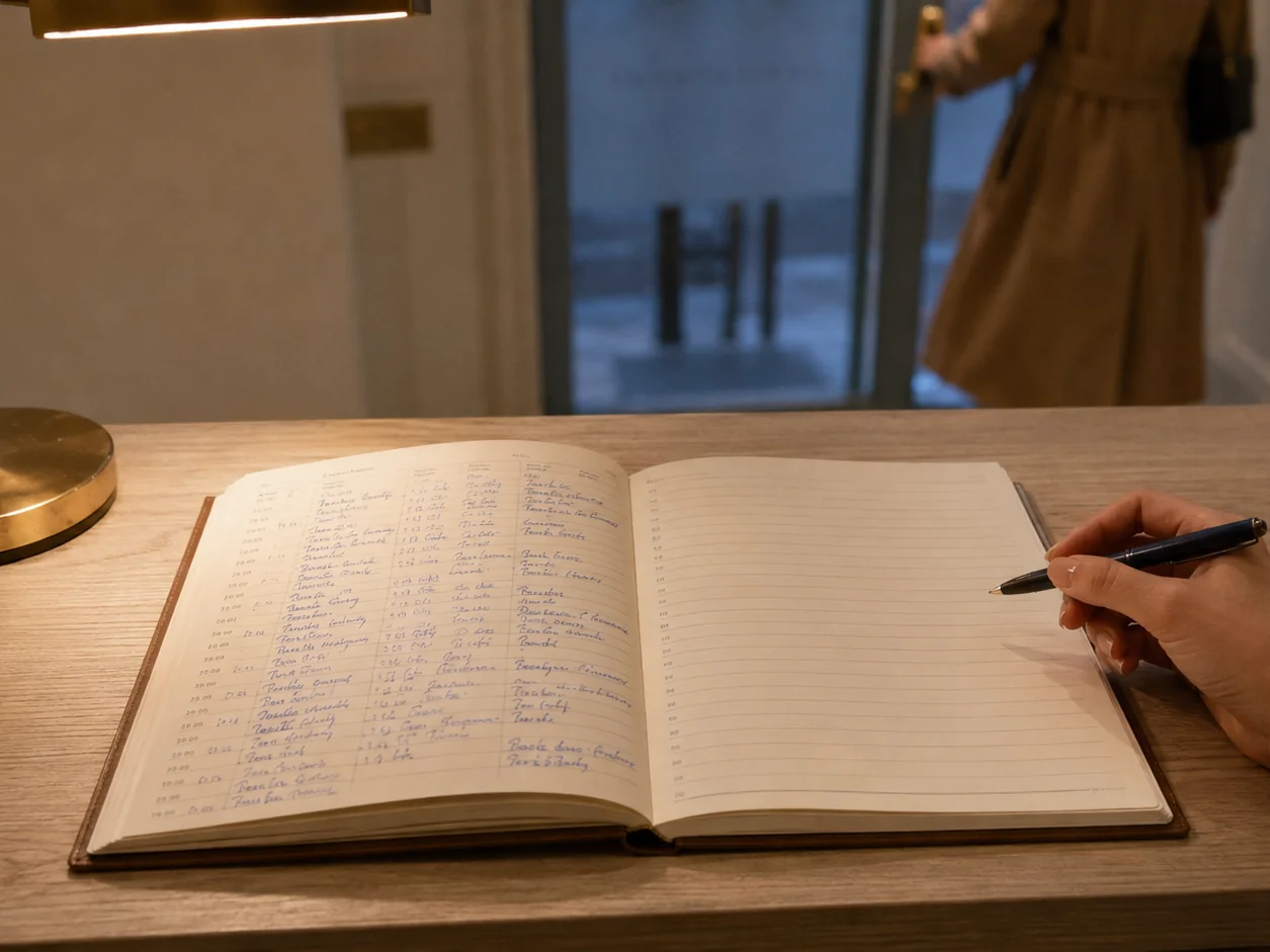 The clinic's appointment diary open on the desk under the lamp: today's page full of names in pen, next month's page empty, a hand holding a pen above it
