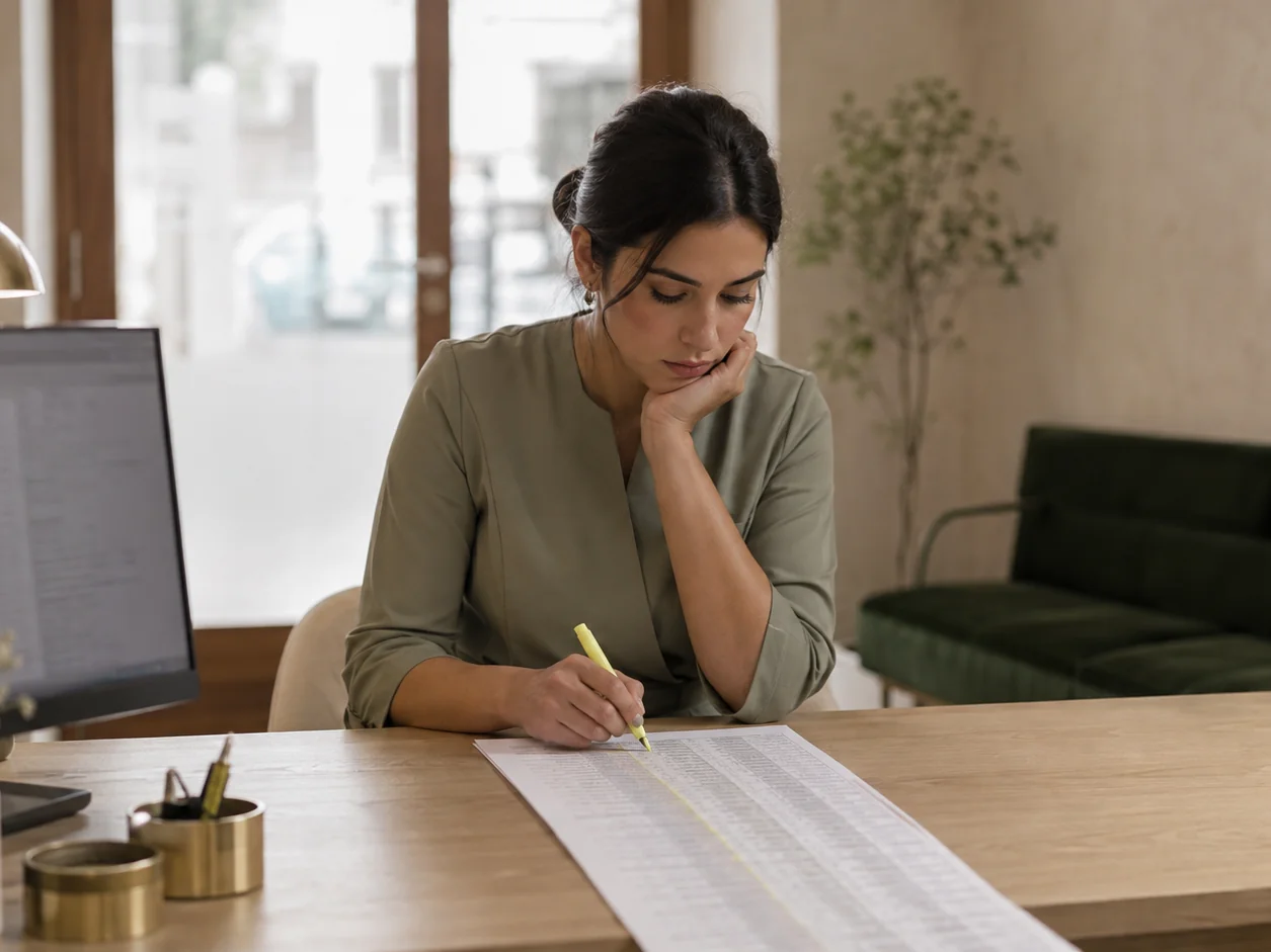 The receptionist running a highlighter down a long printed client list, guessing who is due back, a spreadsheet on the monitor beside her and the waiting bench empty