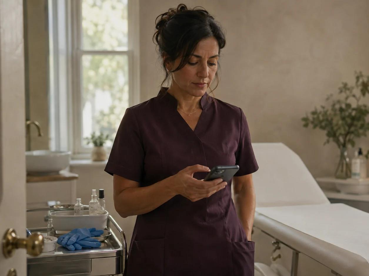 A practitioner in the treatment room between clients, gloves just off, typing an aftercare message on her own phone while the next client's tray waits behind her