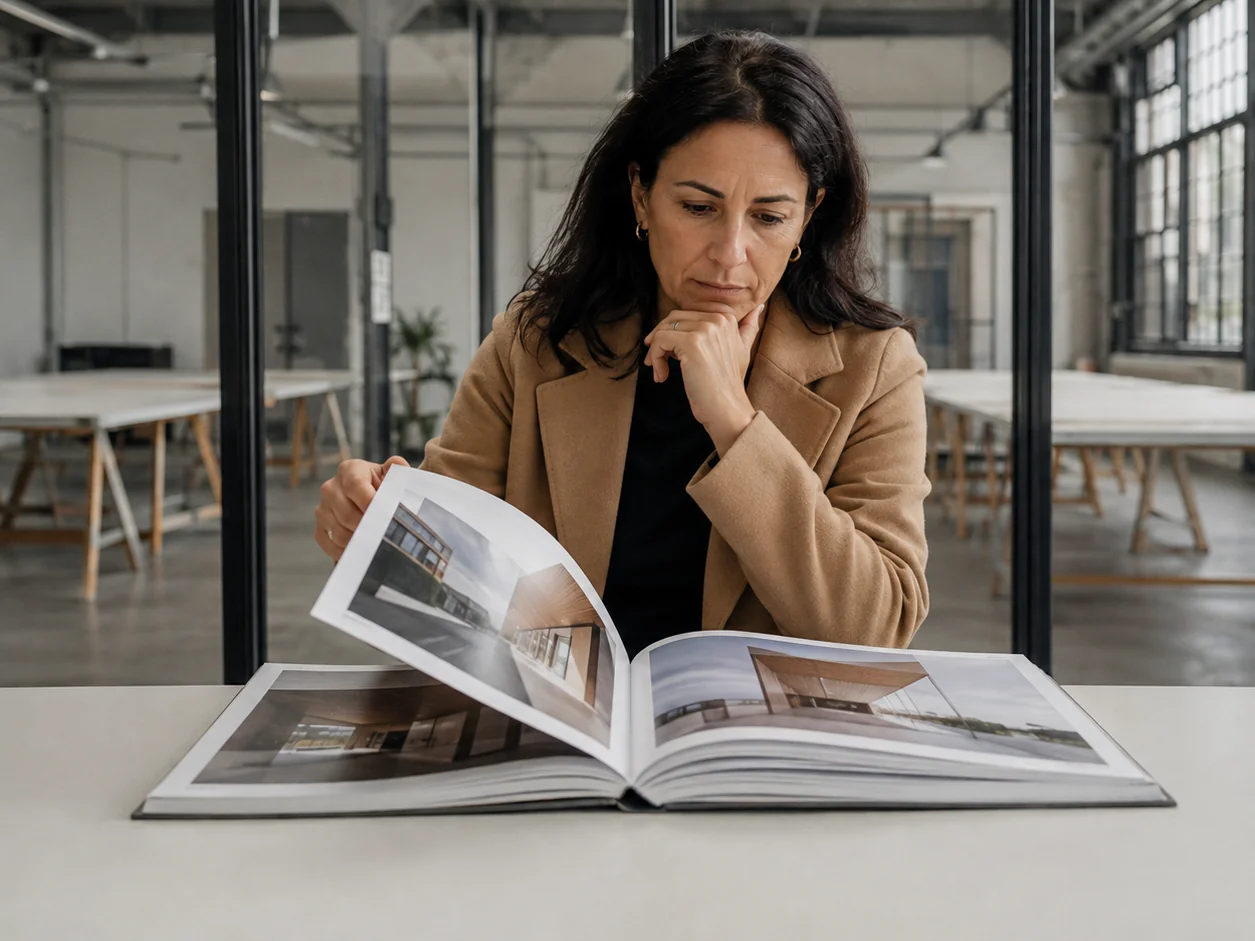 A developer turning the pages of a practice's printed portfolio in a meeting room: page after page of buildings and not one face, name or credential