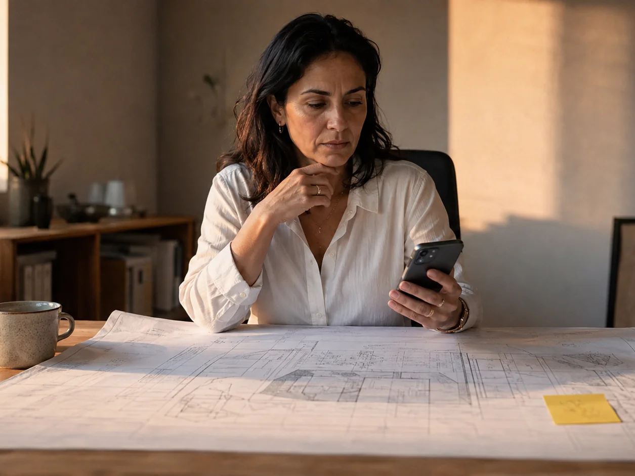 A developer at her desk with a site plan unrolled and weighted by a mug, a budget on a sticky note, her thumb hovering over the practice's number