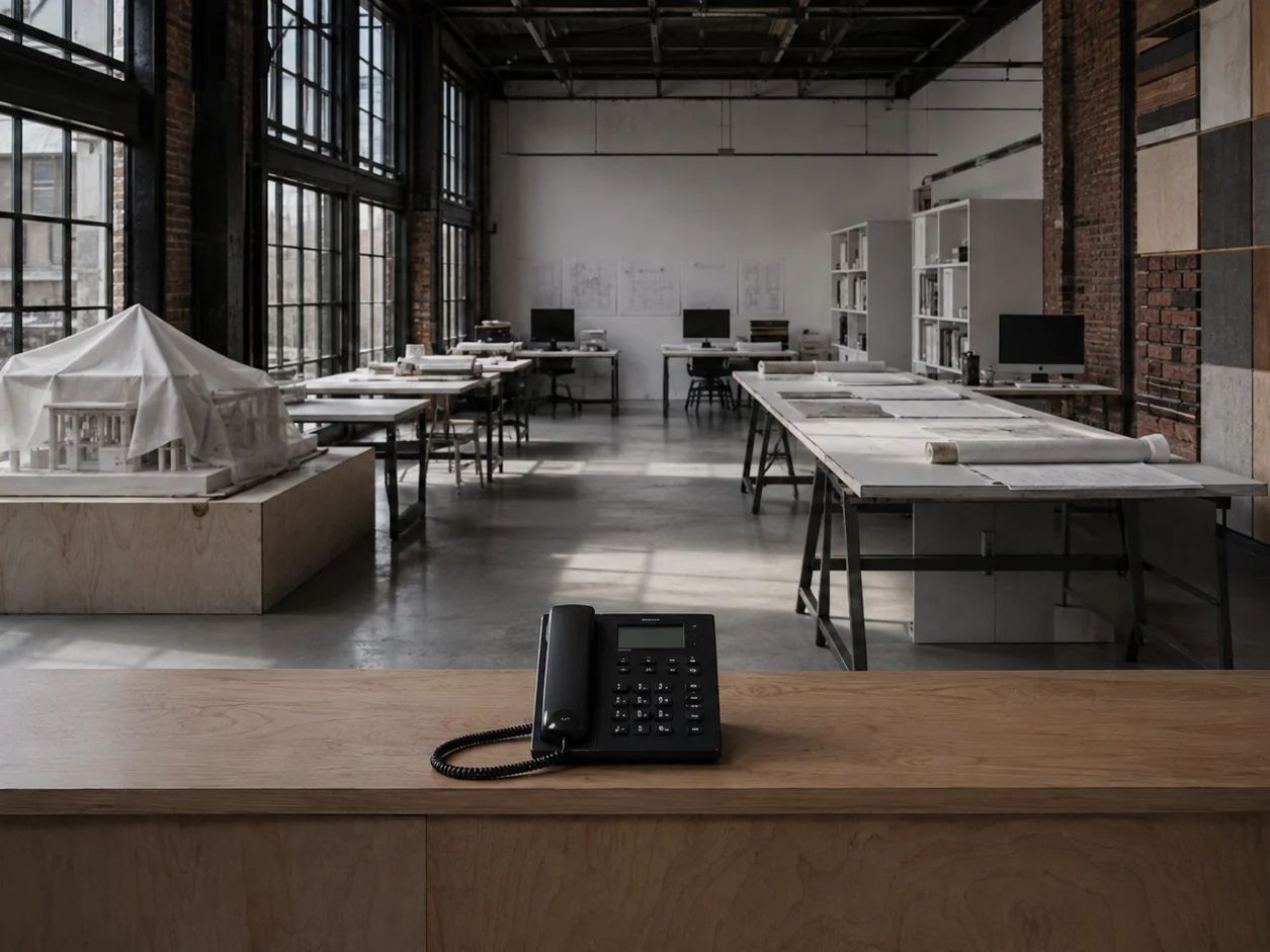 An architecture studio empty on a Sunday: drawing boards, a model under a dust sheet, one monitor asleep and the phone on the reception desk