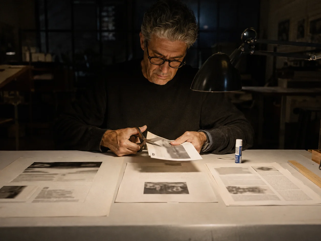 An architect at night with three old printed proposals fanned across the worktable, each in a different typeface, cutting a page from one to paste into another