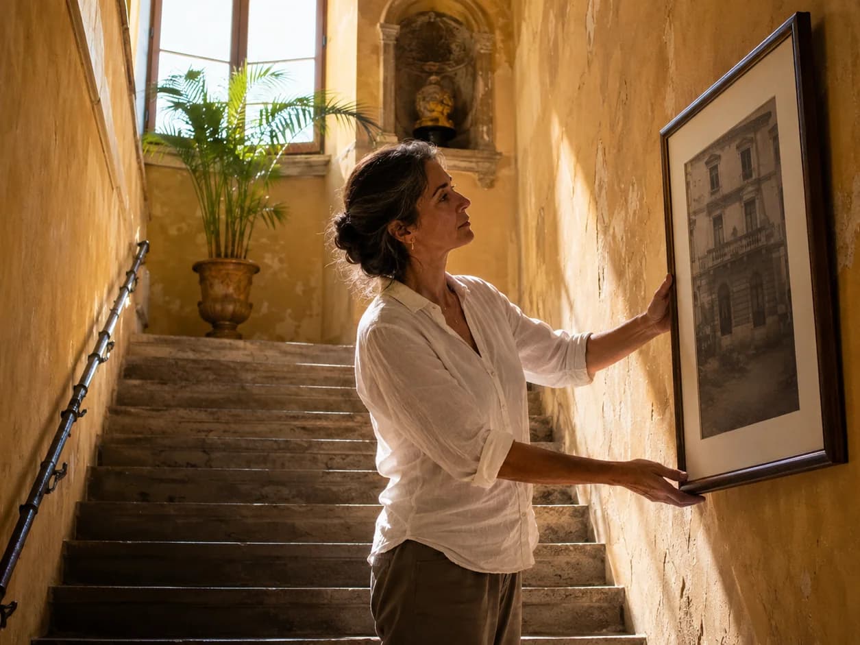 The owner of a small hotel on the stone staircase in morning light, holding an old framed photograph of the building against the wall and deciding where to hang it