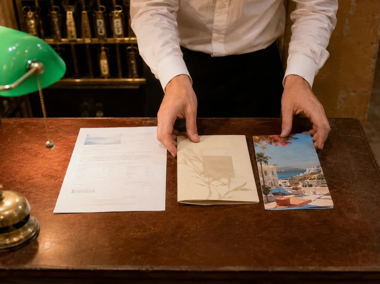Three printed pieces laid in a row on a hotel reception desk, a confirmation, a welcome card and a flyer, each a different colour and typeface, being tidied into one pile