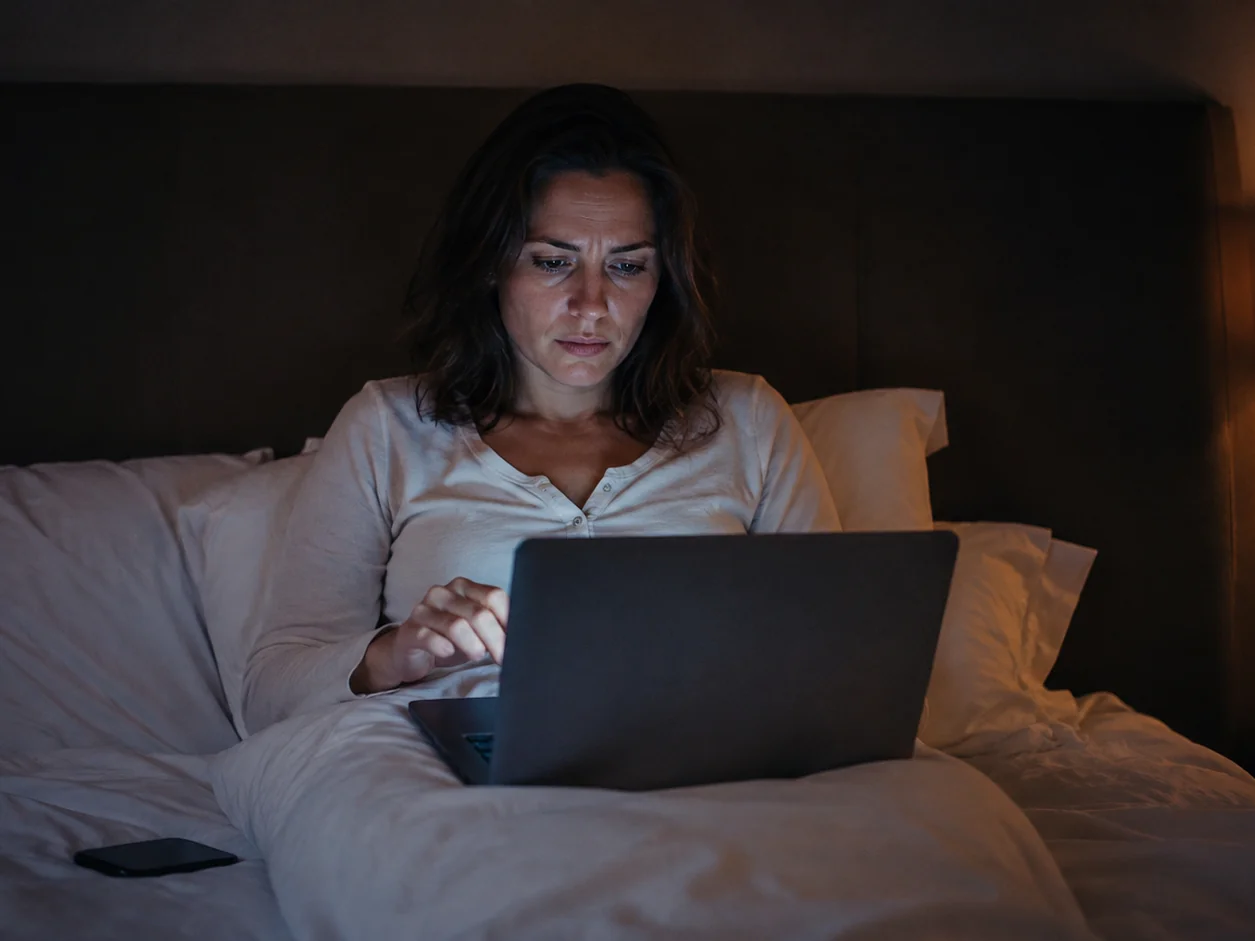 A traveller propped up in bed at night with a laptop, two tabs open side by side, her hand hovering over the trackpad while she compares them