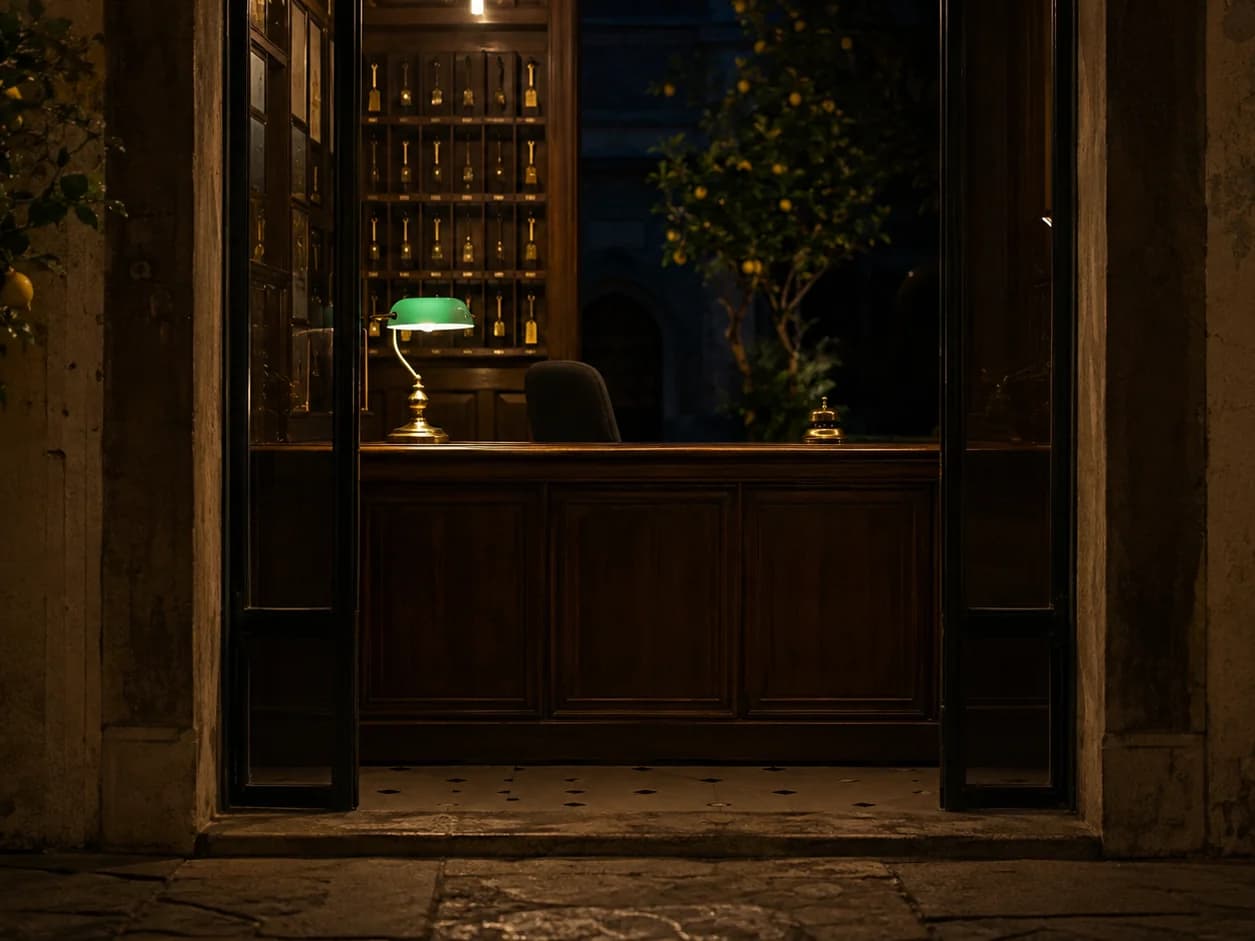 A hotel reception at eleven at night with nobody at the desk: the chair pushed back, the lamp on, a bell on the counter and the key rack full behind