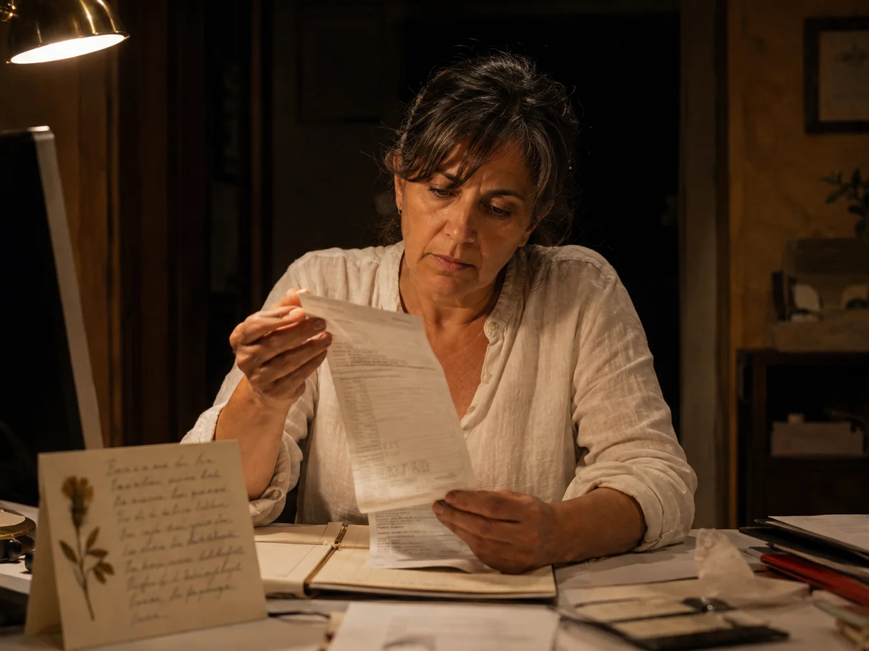 A hotel owner opening the month's commission invoice at her desk at night, a guest's handwritten thank-you card from last year propped against the monitor