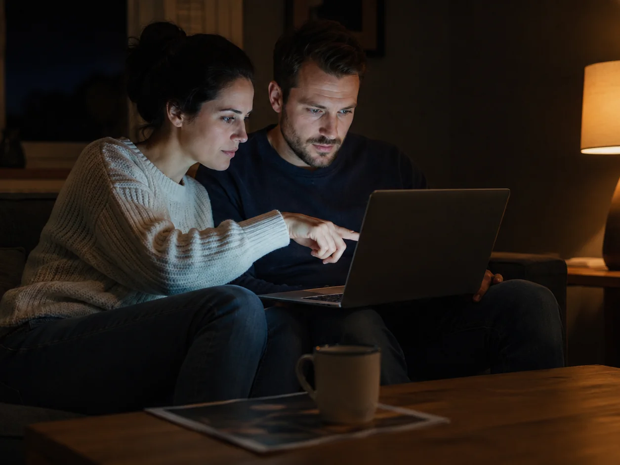 A couple on their sofa at night scrolling a property portal on a shared laptop, the agency's own printed brochure lying face down under a mug on the table