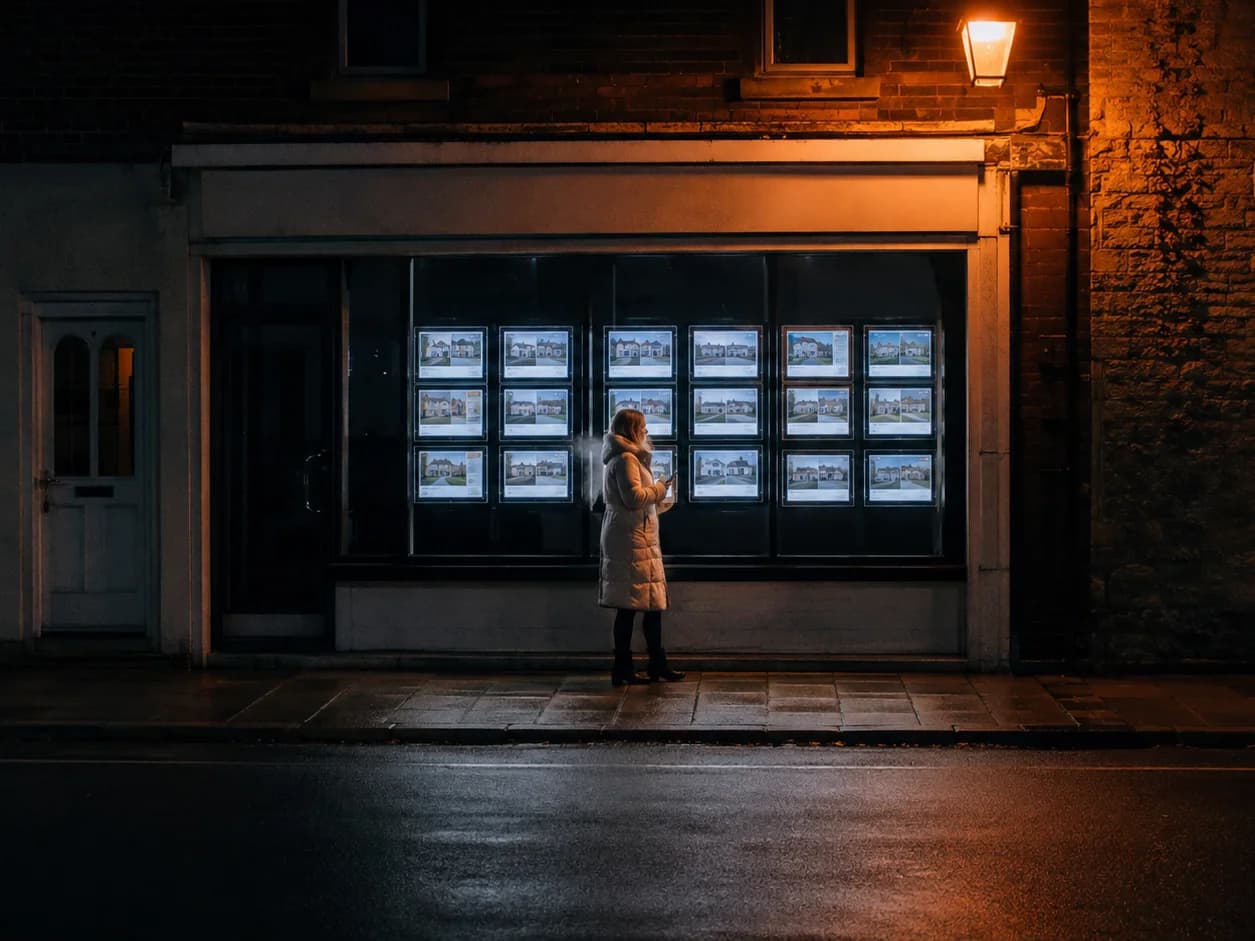 An estate agency shopfront late at night with the lights off and the property cards still glowing, a woman outside reading them by streetlight with her phone in her hand