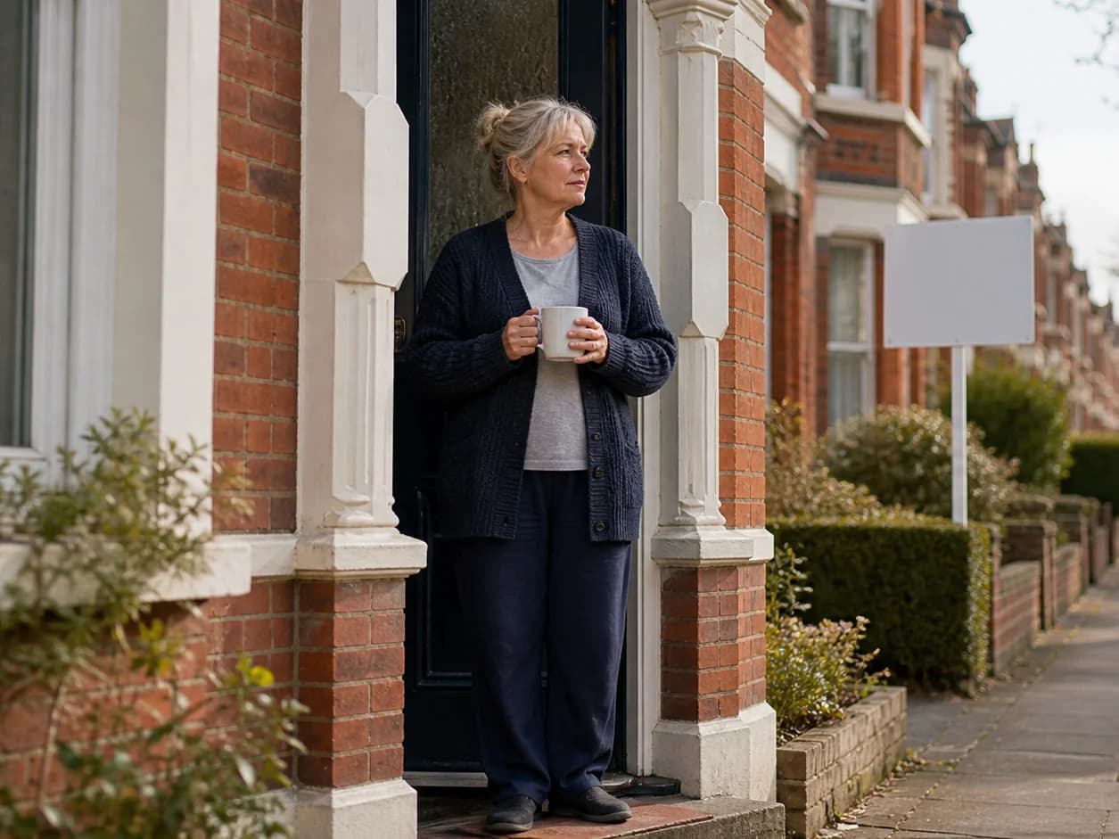 A homeowner on her front step on a spring morning with a coffee, looking down her own terraced street at another agency's board two doors away