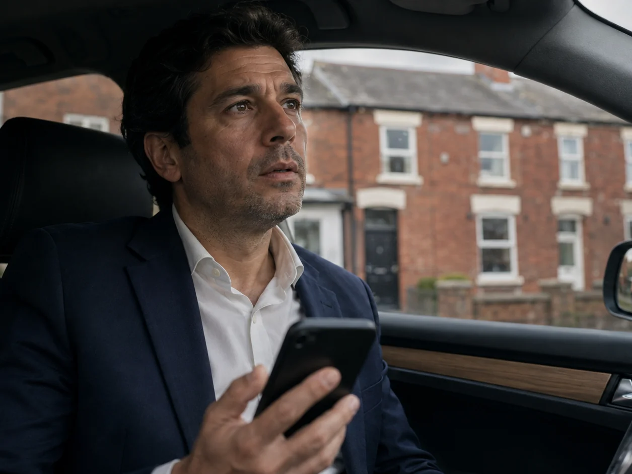 An agent parked outside a house he has never seen, reading a two-line portal enquiry on his phone and looking up through the windscreen, a rival car pulling up behind