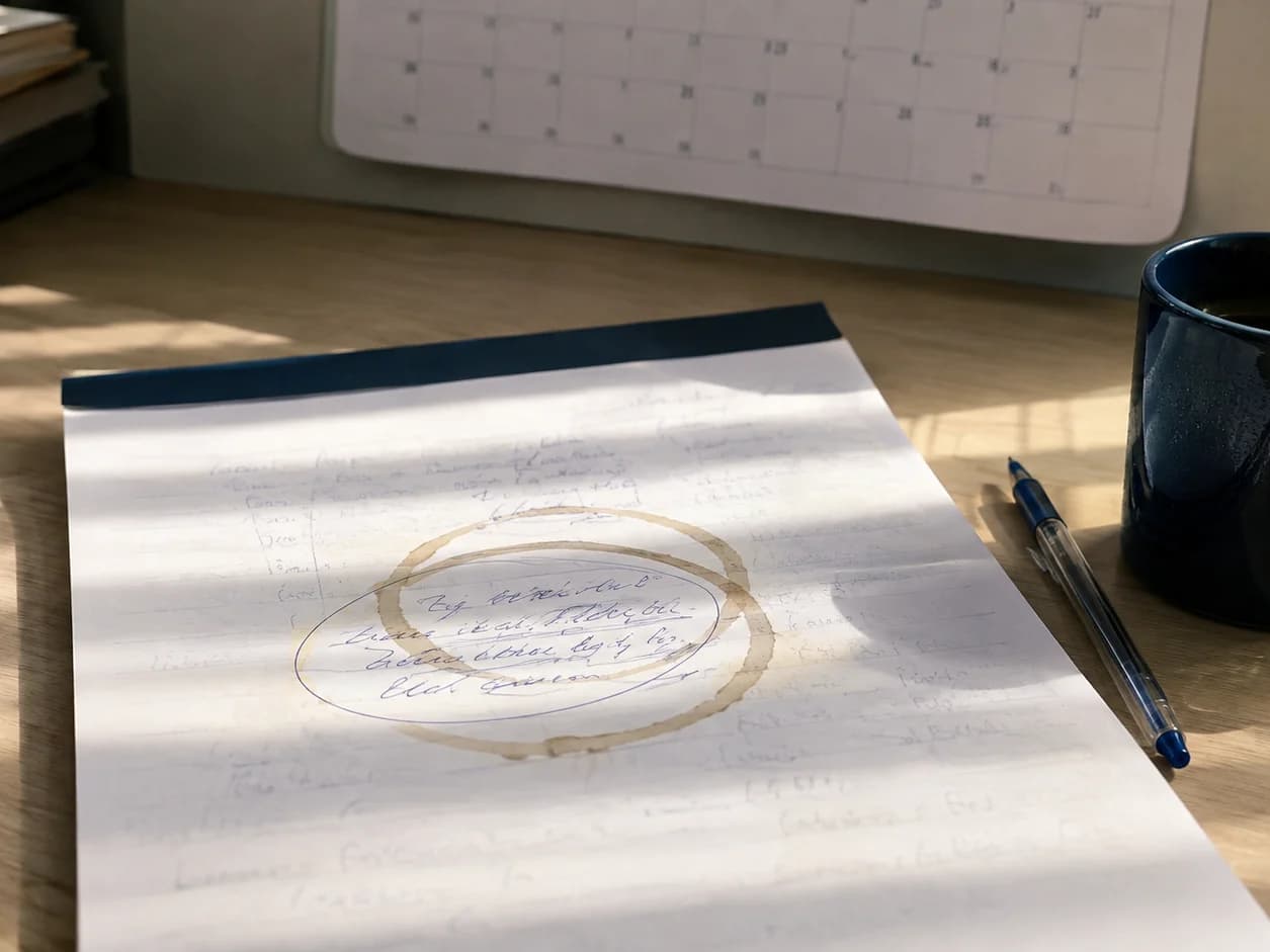 An agency desk pad in summer light through the blinds: a name and a note to call in spring in biro, coffee rings across it and later notes bleeding through the page