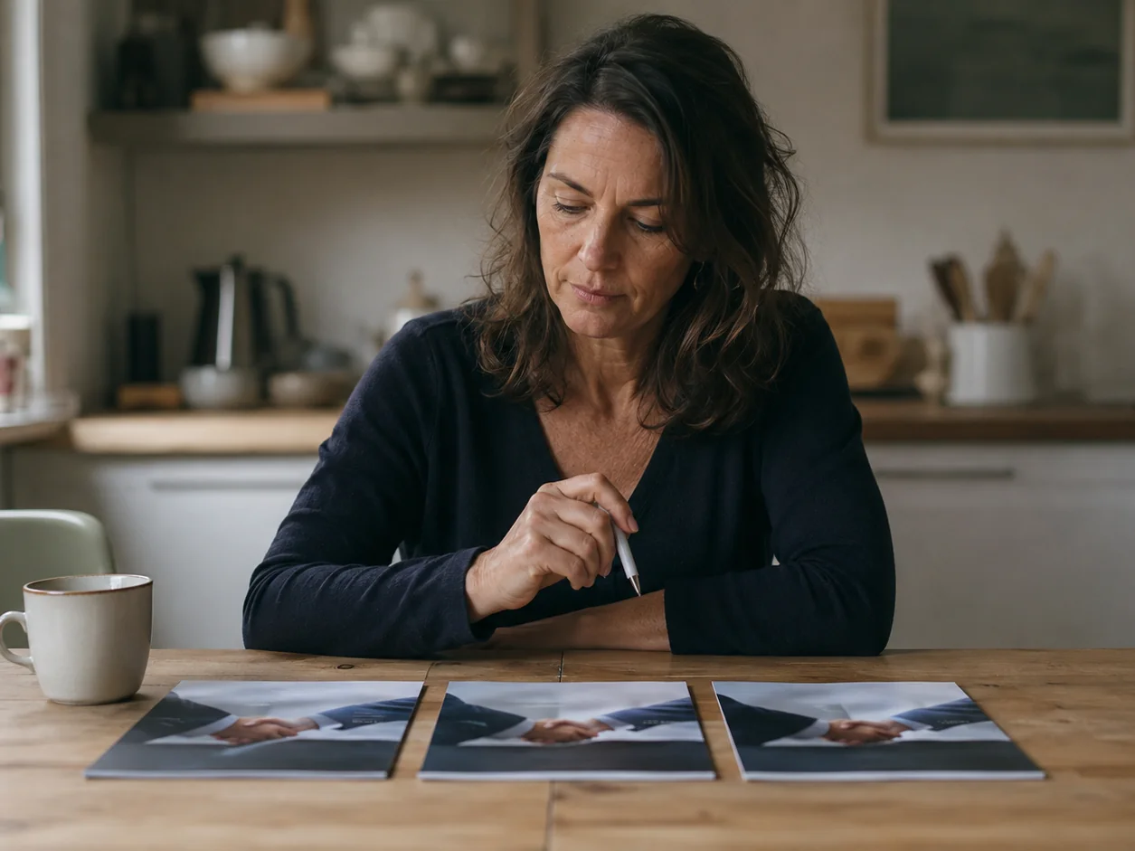 A prospective client at her kitchen table with three advisers' brochures side by side, all navy and grey, each with the same handshake photograph on the cover