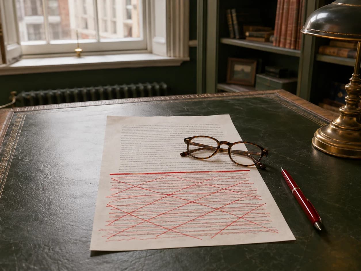 A printed article on a desk with a red line drawn under the paragraph that went too far and everything below it crossed through, a pair of reading glasses set down on the page
