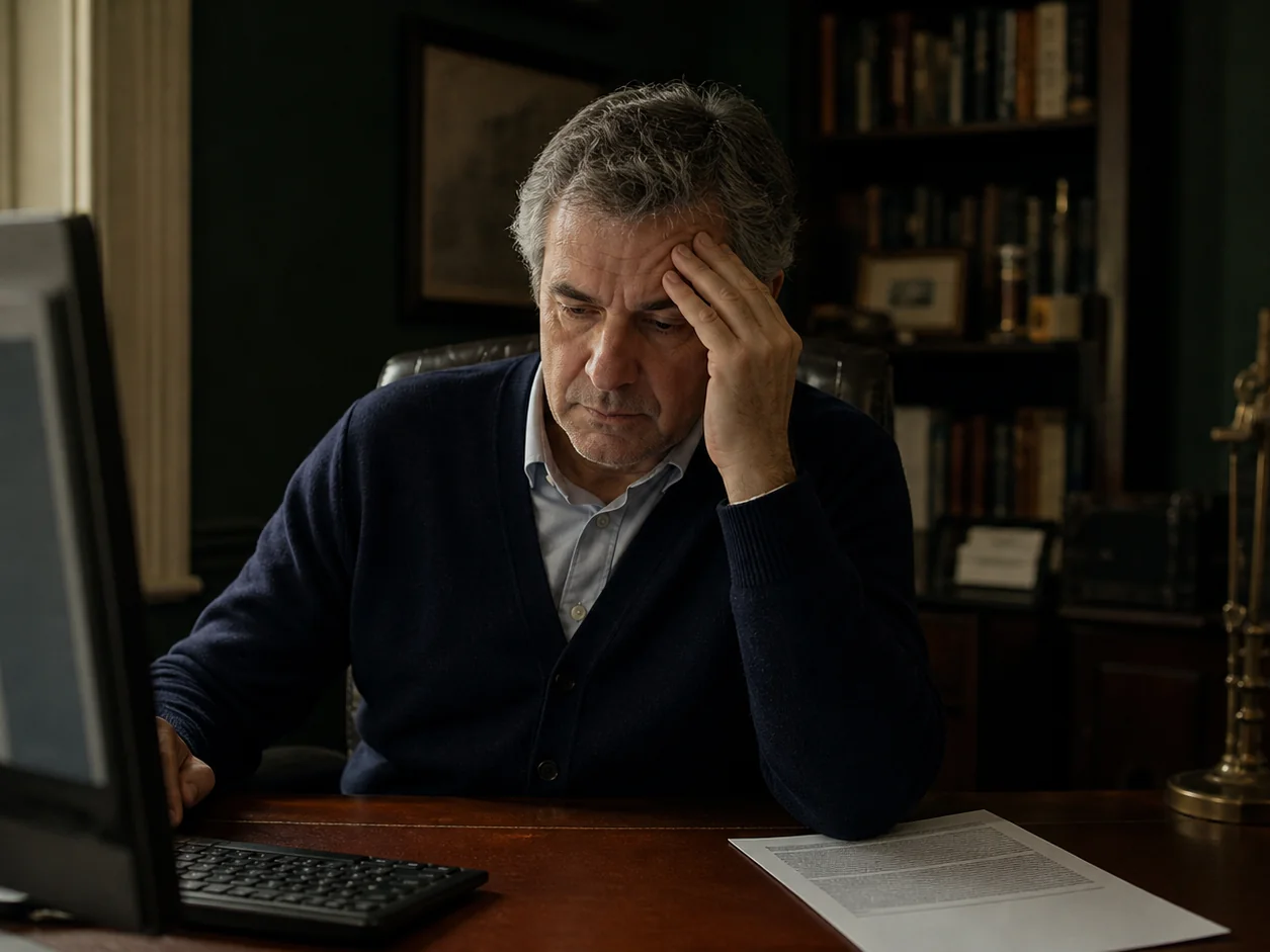 An adviser scrolling back through a year of emails with one hand on his forehead, the printed article beside him carrying no reviewer's name and no date