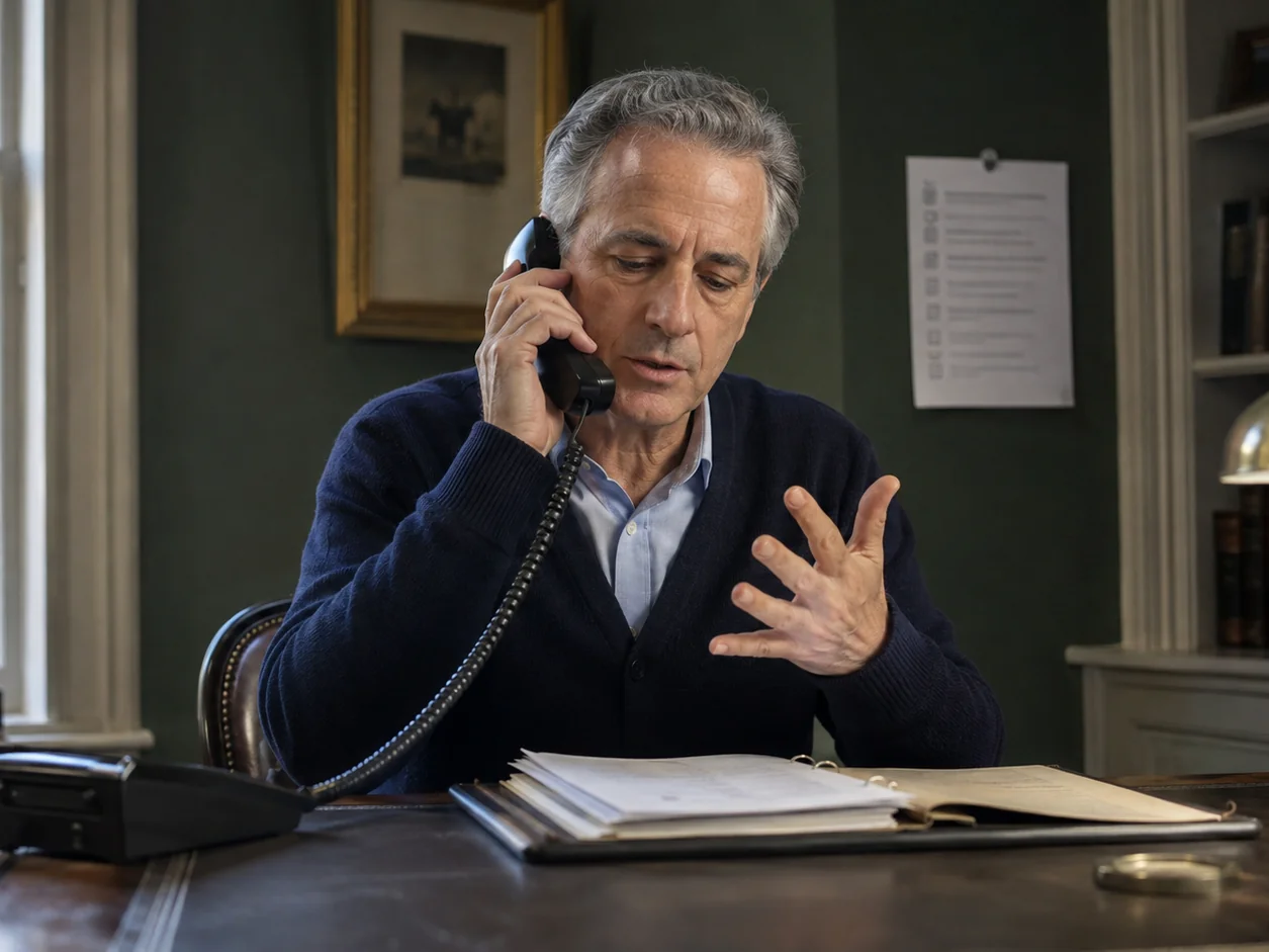 An adviser on the phone counting the documents to bring off on his fingers, a client folder open in front of him and the same checklist pinned to the wall behind