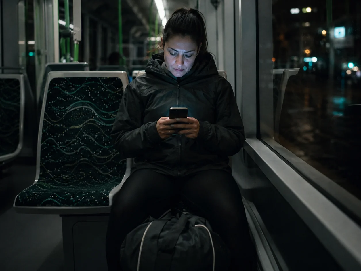 A woman on a tram in the evening typing a message to a studio to ask about a class time, her gym bag between her feet