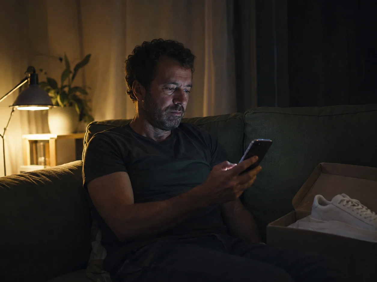 A man on his sofa on a Sunday night with new trainers still in the box beside him, holding his phone and waiting for a reply that has not come