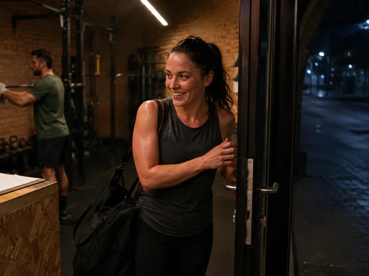 A first-timer leaving a studio after class, pushing the glass door with her shoulder, while the coach wipes down a bar behind her and the clipboard on the desk stays blank