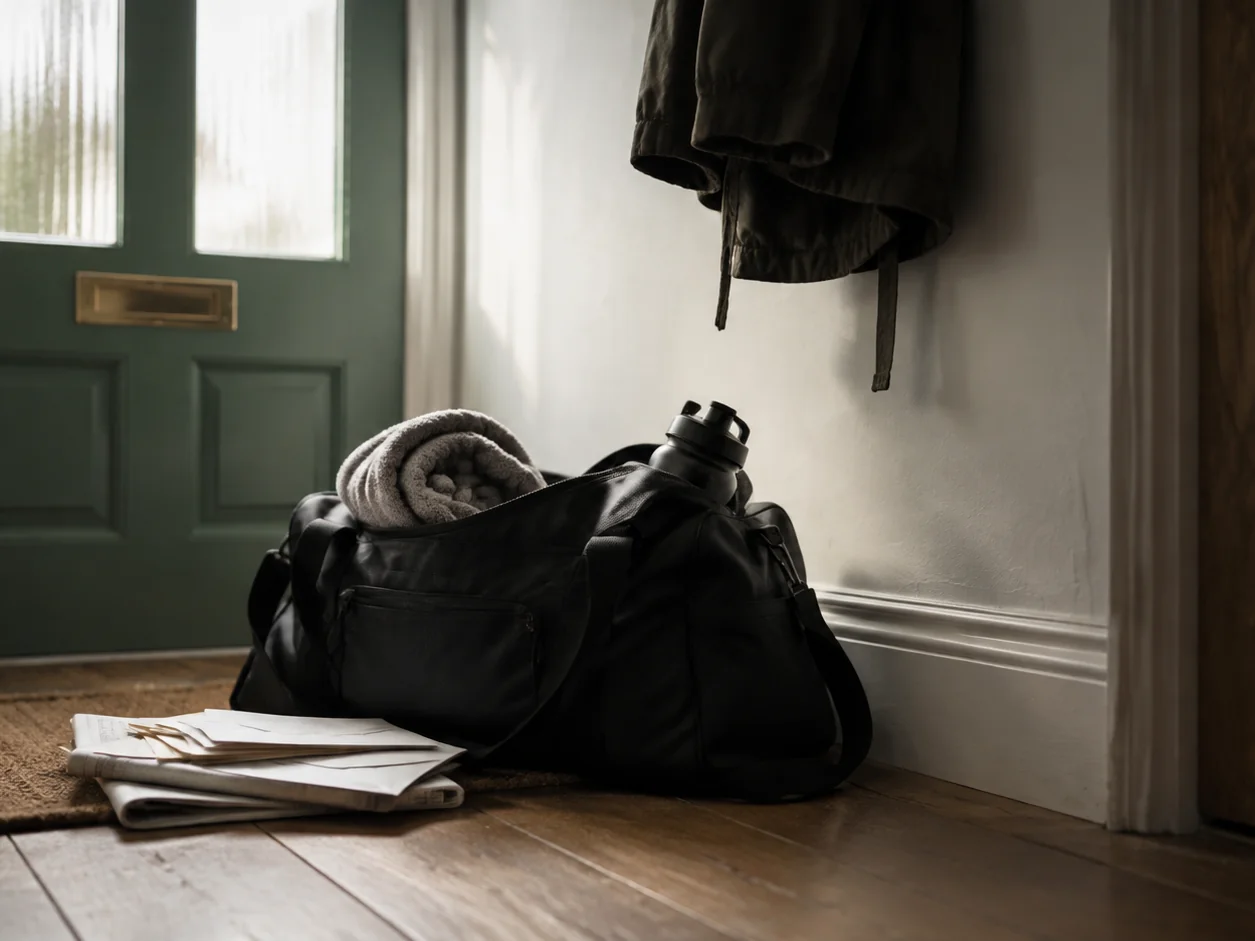 A gym bag by a front door with a rolled towel and a water bottle in it, untouched, a week of unopened post piled on the mat beside it