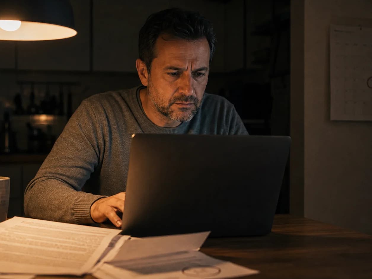 A man at his kitchen table at night with a contract in front of him and its last page turned up, scrolling a law firm's about page, a calendar behind him with one day ringed