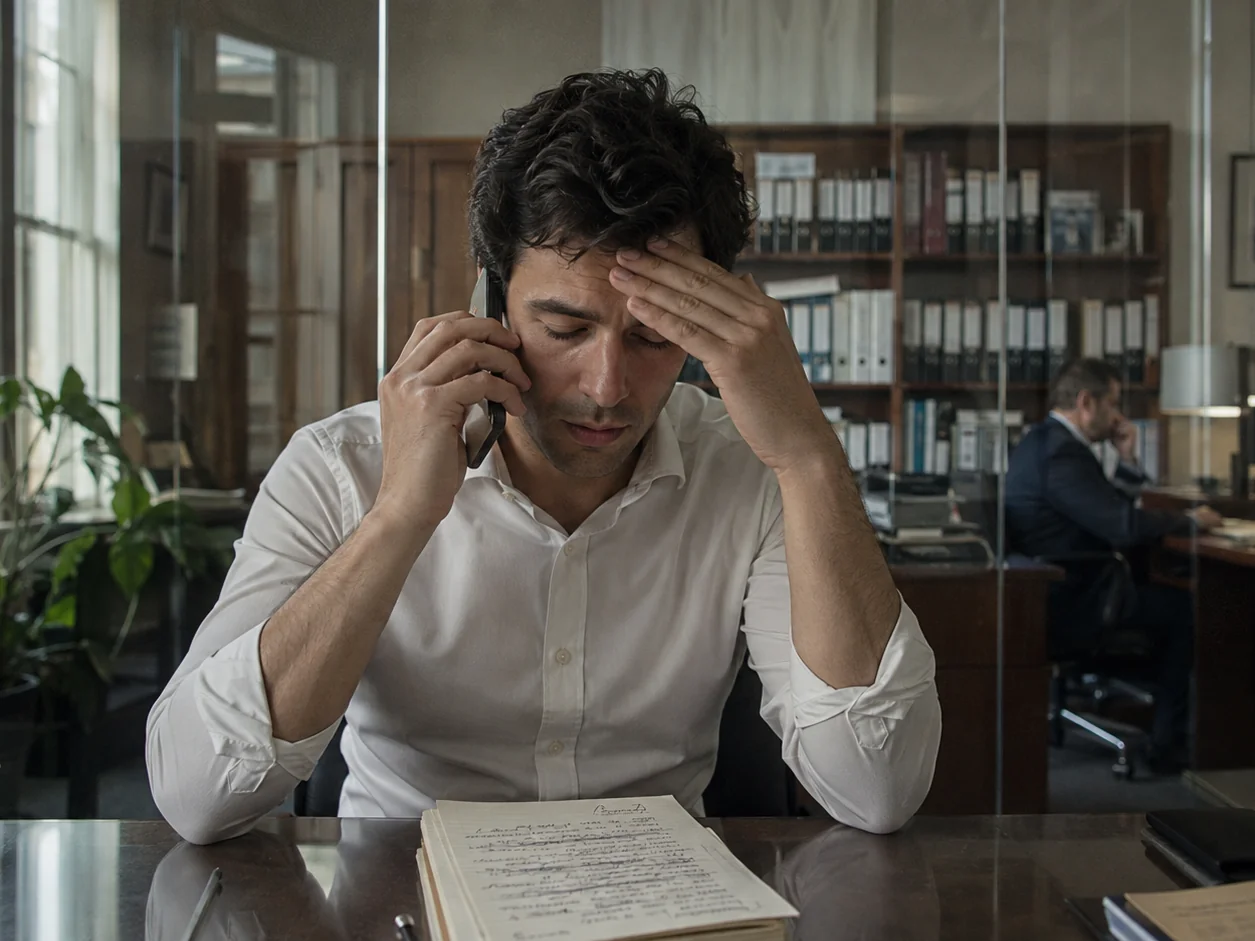 A young lawyer on the phone at his desk with a hand pressed to his forehead, a notepad beside him where the same question has been written and crossed out four times