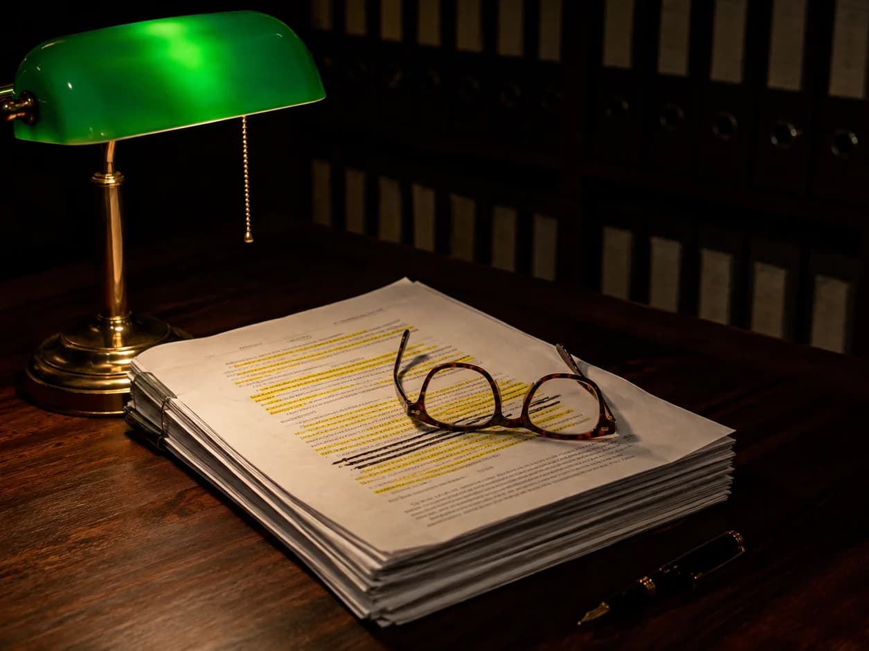 A nine-page printed enquiry on a partner's desk under a green lamp, long passages in yellow highlighter and one paragraph struck through, her reading glasses set down on it