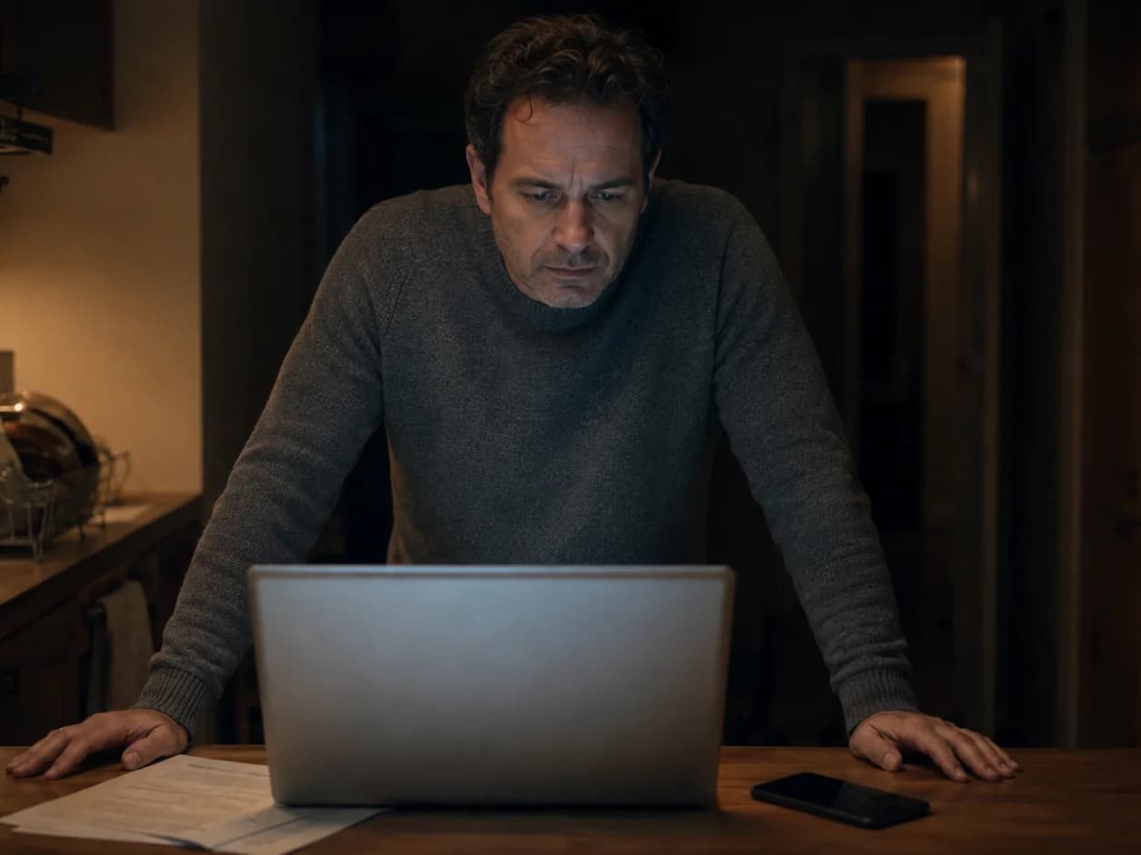A man at his kitchen counter on a Sunday night with a laptop open on a firm's contact page and its office hours, his phone face down beside it and the dishes done