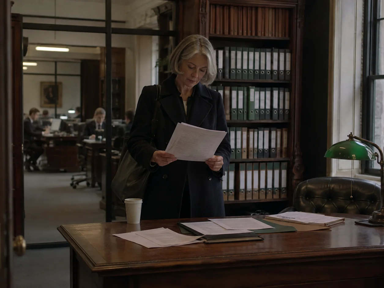 A partner at her desk first thing with her coat still on, reading a long printed email, the coffee beside her untouched and the associates blurred beyond the glass wall